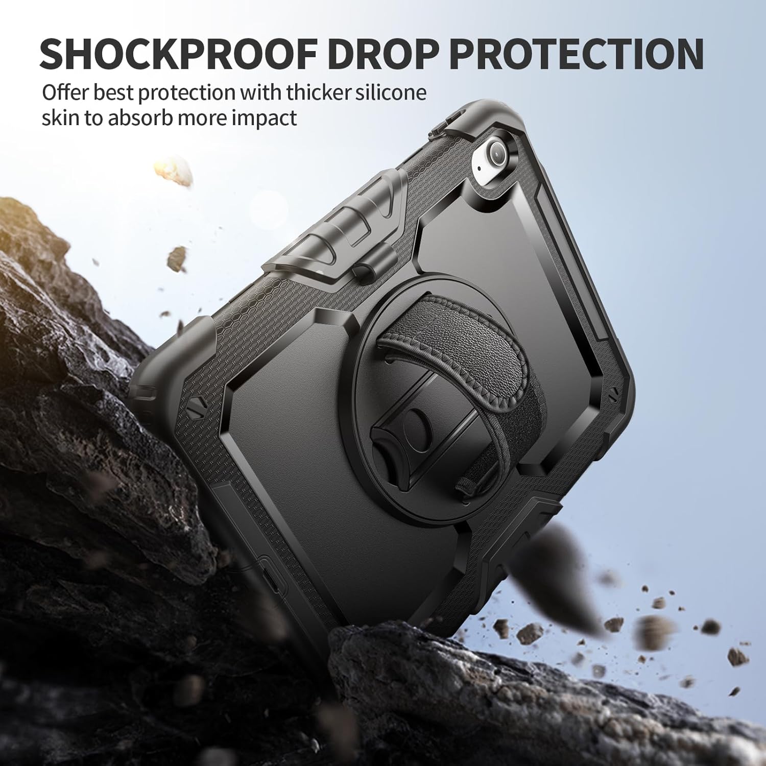 Ambison Case for iPad (A16) 11th/10th Generation 11''/10.9'' 2025/2022, [Kid Proof] Full Body Protective Case with 9H Tempered Glass Screen Protector, 360° Rotatable Kickstand & Hand Strap (Black)