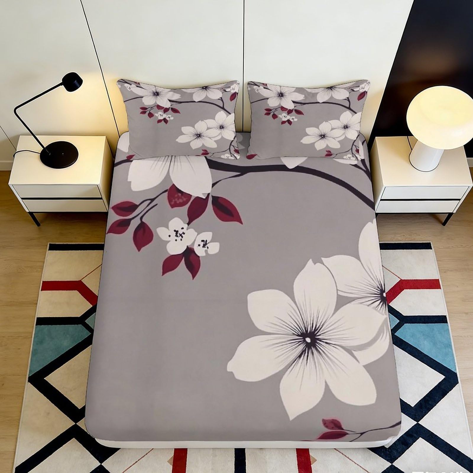 3D Printed Floral Fitted Sheet Microfiber Soft Breathable Cherry Blossom Bed Cover for Bedroom Dormitory Guest Room Protection Decor 120x200x25cm