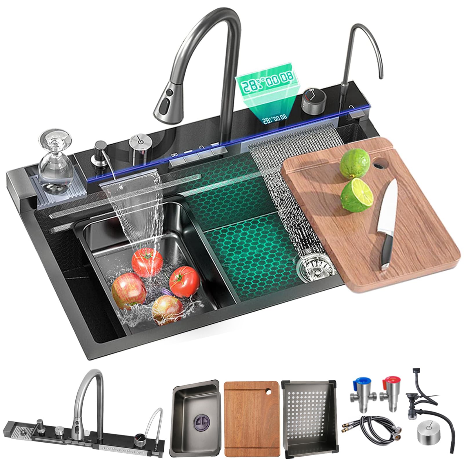YADZISW 80x45 cm Kitchen Sink with Digital Display Large Capacity Waterfall Single Bowl Workstation Essential Bar Accessory Set for Modern Kitchens