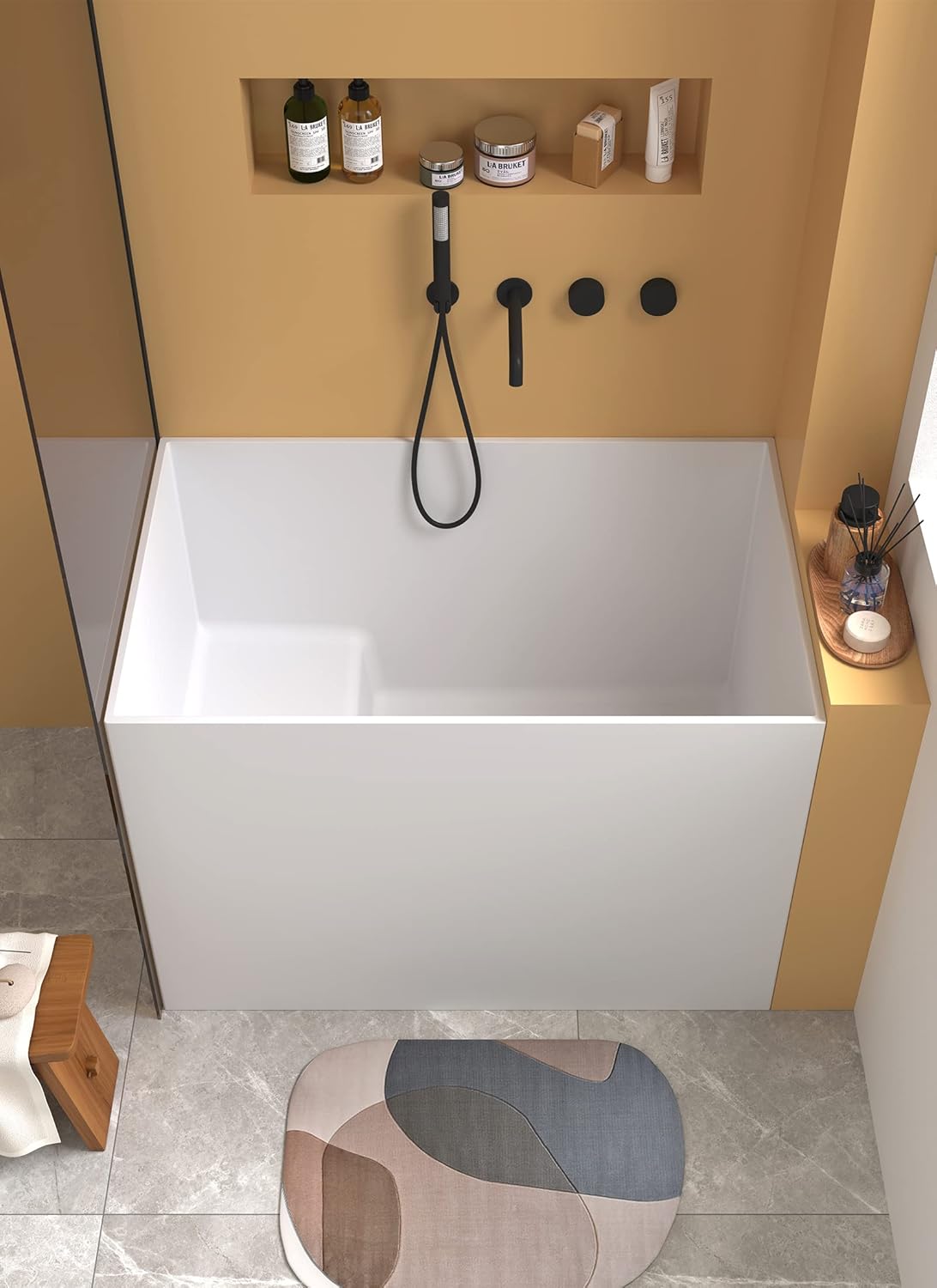 Cpingao 47" Stone Resin Freestanding Bathtub, Solid Surface Japanese Soaking Tubs Modern Rectangular Stand Alone Tub, Matte White 8842-1200