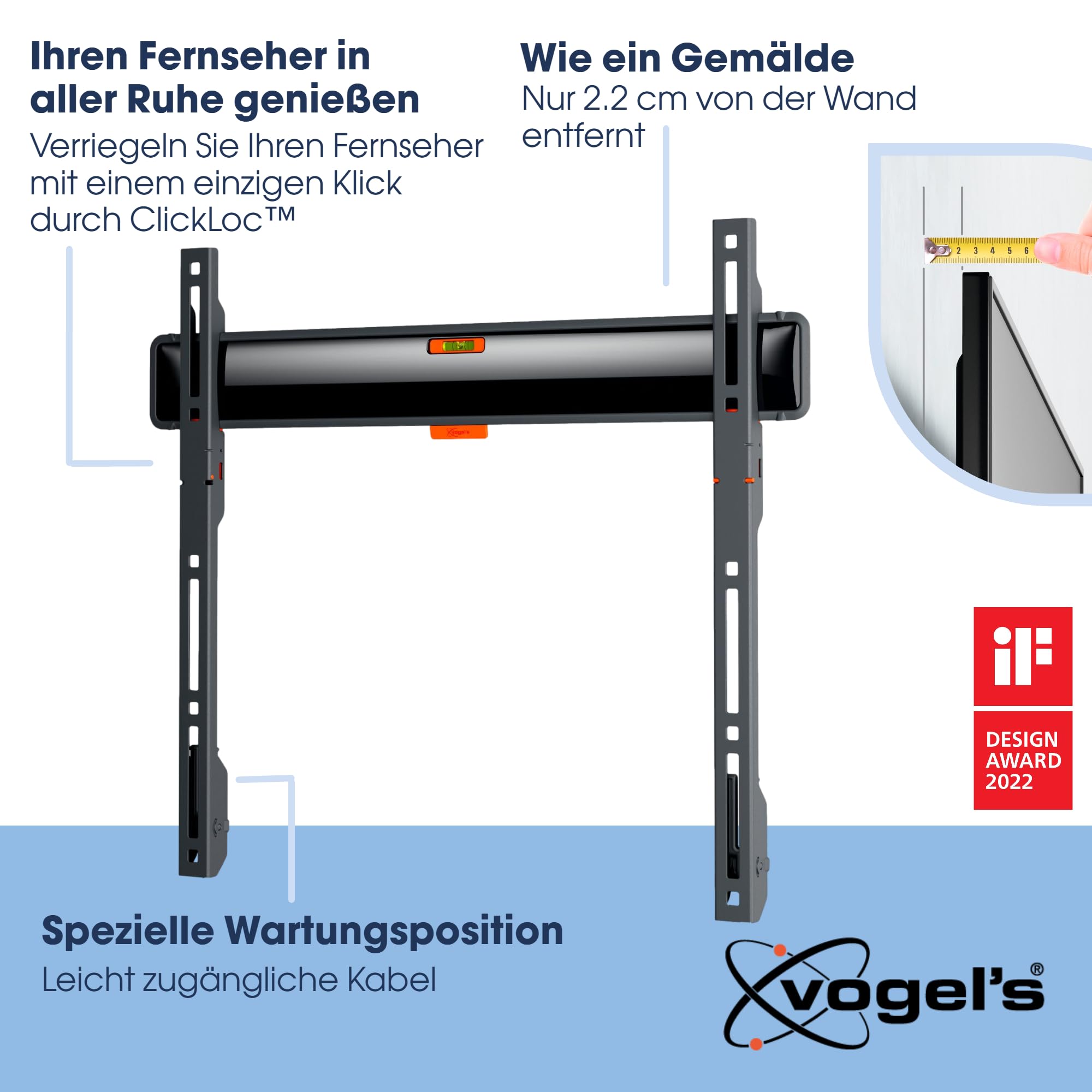 Vogel's TVM 3405 Flache TV-Wandhalterung für 32-77 Zoll, max. 50 kg, VESA 400x400, Abstand 2,2 cm