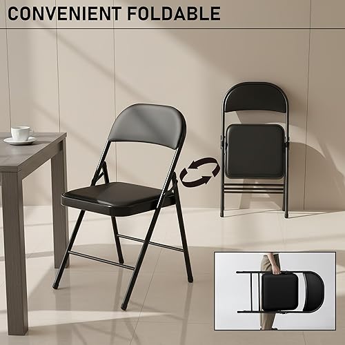 Miniatura 8 de Paquete de 6 sillas plegables negras con cojín acolchado, juego de sillas de comedor, sillas plegables apilables portátiles para interiores y