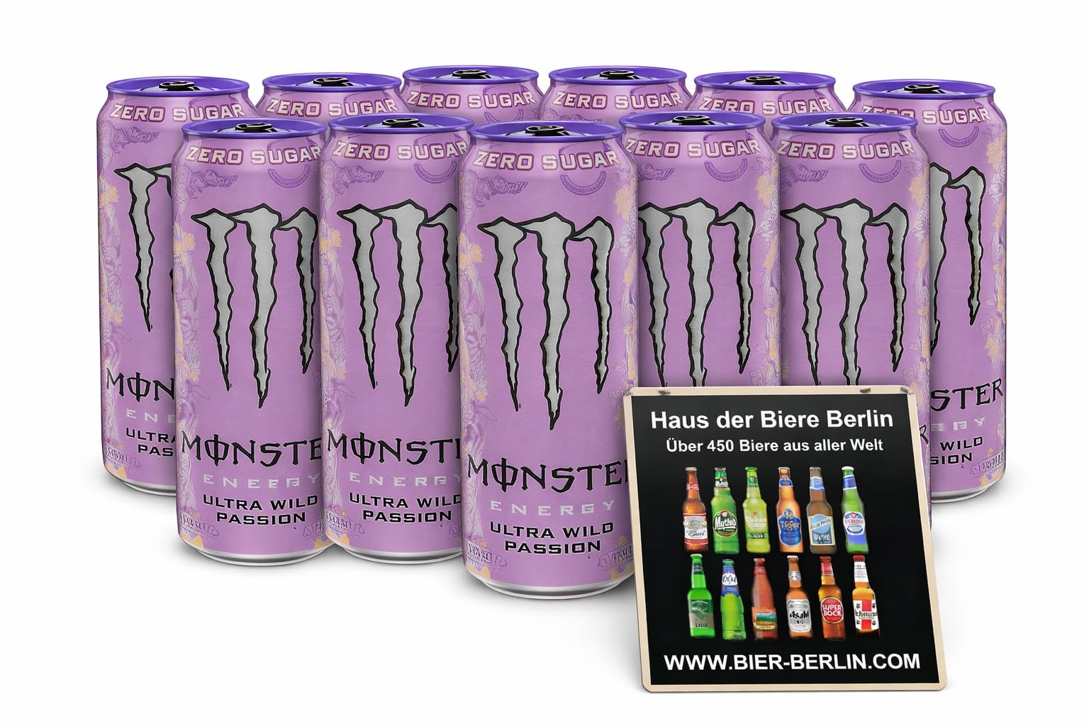 Monster Ultra Wild Passion Zero Energy Drink – 12x473ml Dosen – Zuckerfrei – US Import – Passionfruit Geschmack – Original Monster Energy – inkl. Bierdeckel Haus der Biere Berlin