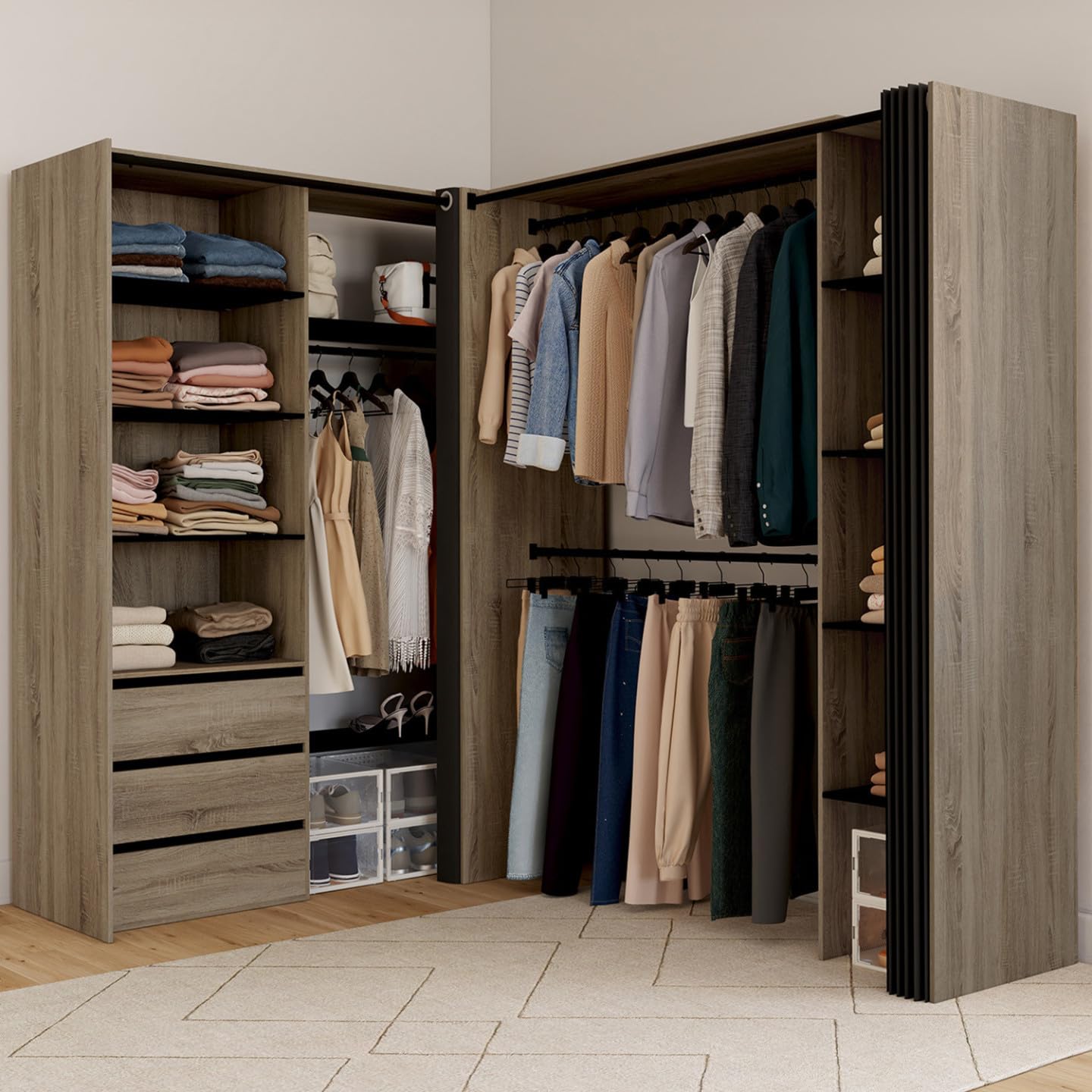 IDMarket - Dressing extensible d'angle MARLON 200 x 150 x 180 cm hêtre avec penderies + tiroirs + étagères + rideaux noirs