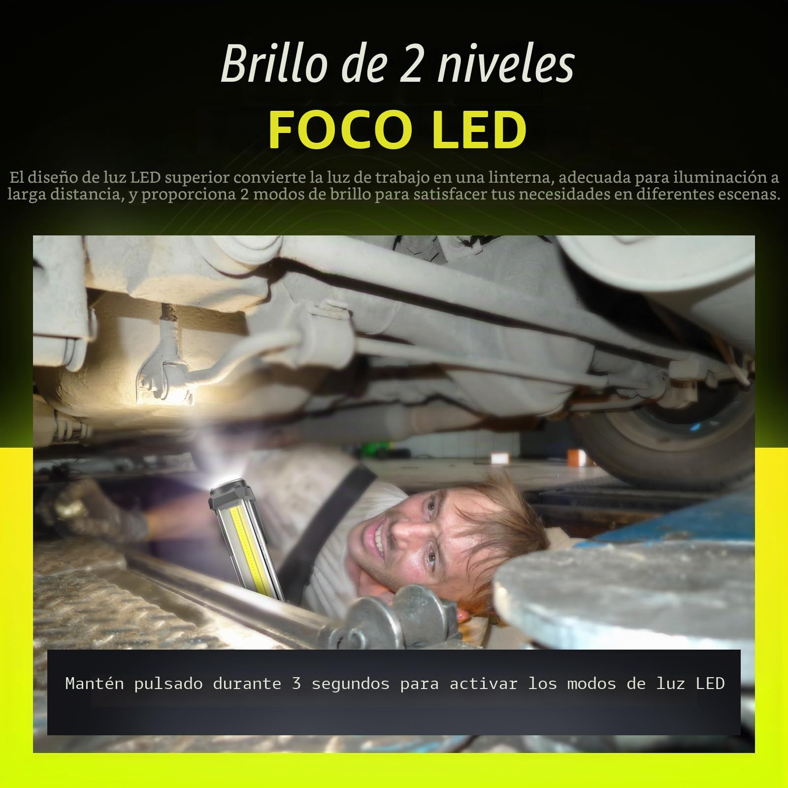 WARSUN Pack de 2 Lámparas de Trabajo LED Recargables 1500LM Alta Potencia, Portátil con COB, Imán y Gancho para Taller, Coche, Camping, Emergencia - Amarillo