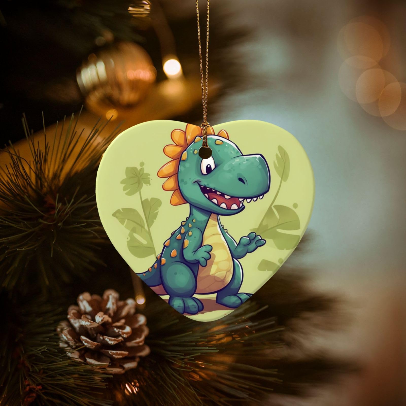 Christmas Tree Ornaments Ceramics Christmas Decorations Cartoon Dinosaur Ornaments with Gold Ribbon Porcelain Xmas Tree Crafts Heart Shape Hanging Pendant for Christmas Tree Party Decor