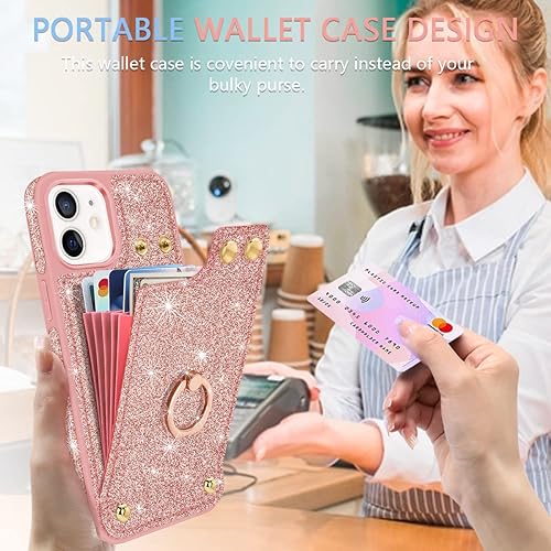 Miniatura 5 de Fingic Funda para iPhone 14, iPhone 13 con soporte de anillo de 360, con 1 protector de pantalla, 5 tarjeteros, con purpurina brillante y bloqueo