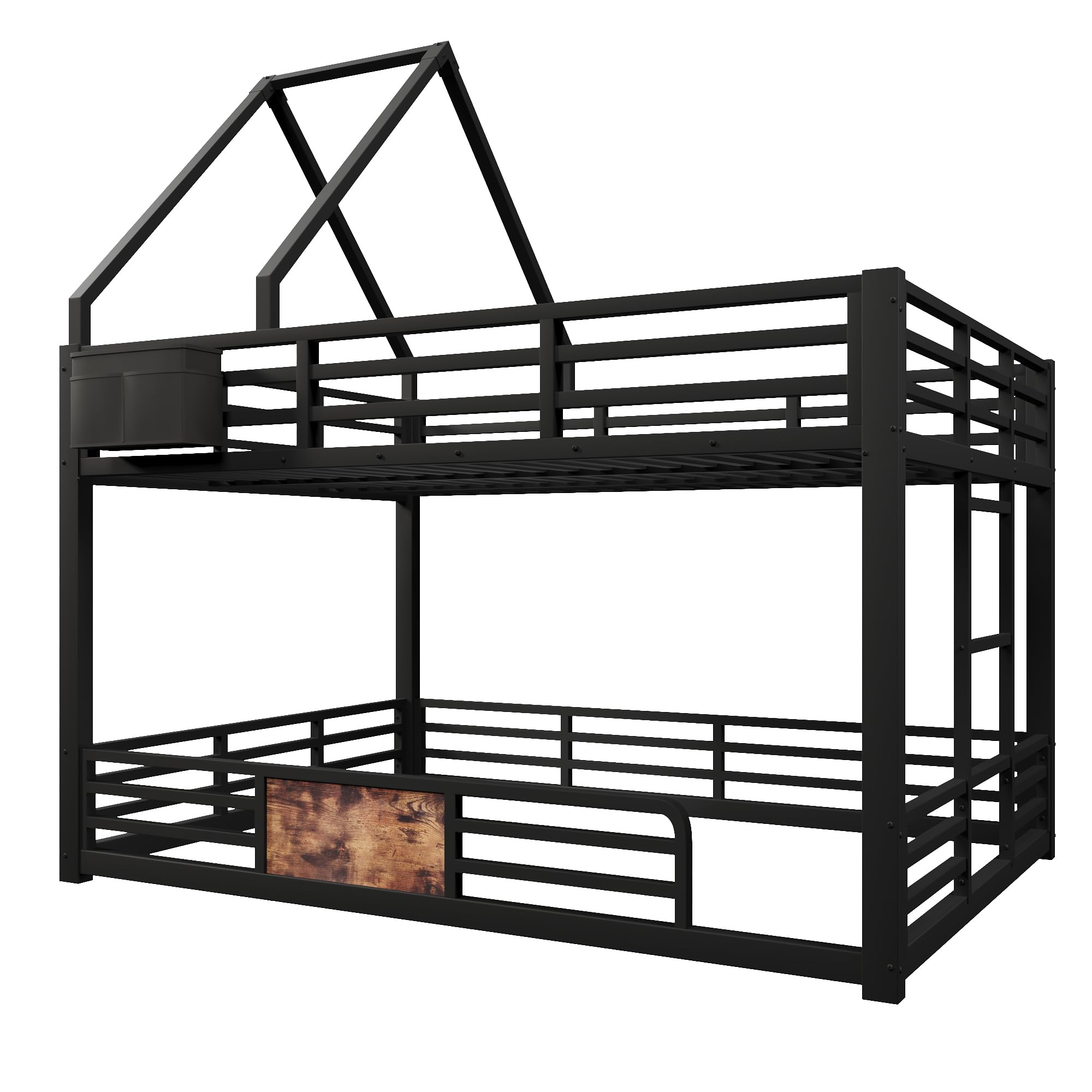 Etagenbett 140x200 cm aus Metall, Hausbett-Design, Dachrahmen, Stofftaschen-Aufbewahrung & Sicherheitsgeländer, Schwarz
