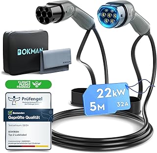 bokman Type 2 Charging Cable, Mode 3 / 32A / 22 kW / 3 Phase / 5 Metres, Type 2 to Type 2 EV Charging Cable for Electric Car with Carry Bag and Microfibre Cloth