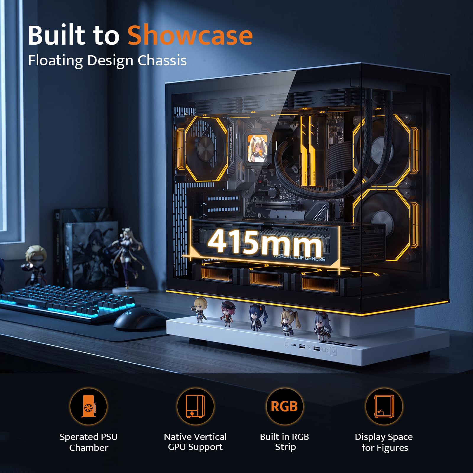 darkFlash FLOATRON F1 ATX PC Case, 360 mm AIO Ready, szkło hartowane, dolny wlot o wysokim przepływie powietrza, pływająca konstrukcja, wentylator chłodzący VRM, typ C, listwa świetlna RGB (3