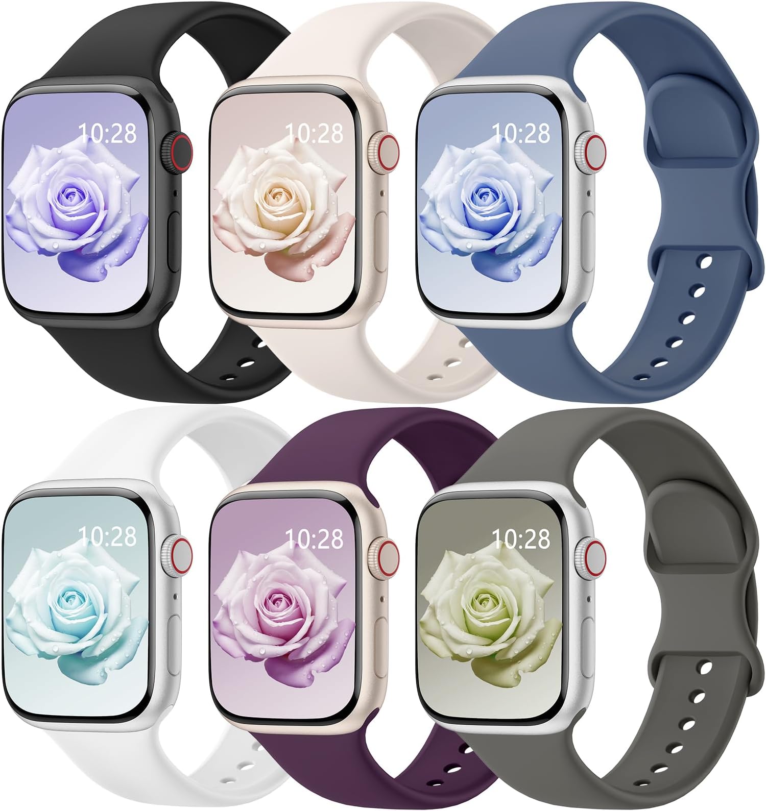 Patenting 6 Pack Sport Bands Compatible with Apple Watch Bands for Women Men 44mm/45mm/46mm/49mm/42mm(Series 3 2 1), Soft Silicone Waterproof Strap for iWatch Series 10 9 Ultra 8 7 6 5 4 3 2 1 SE