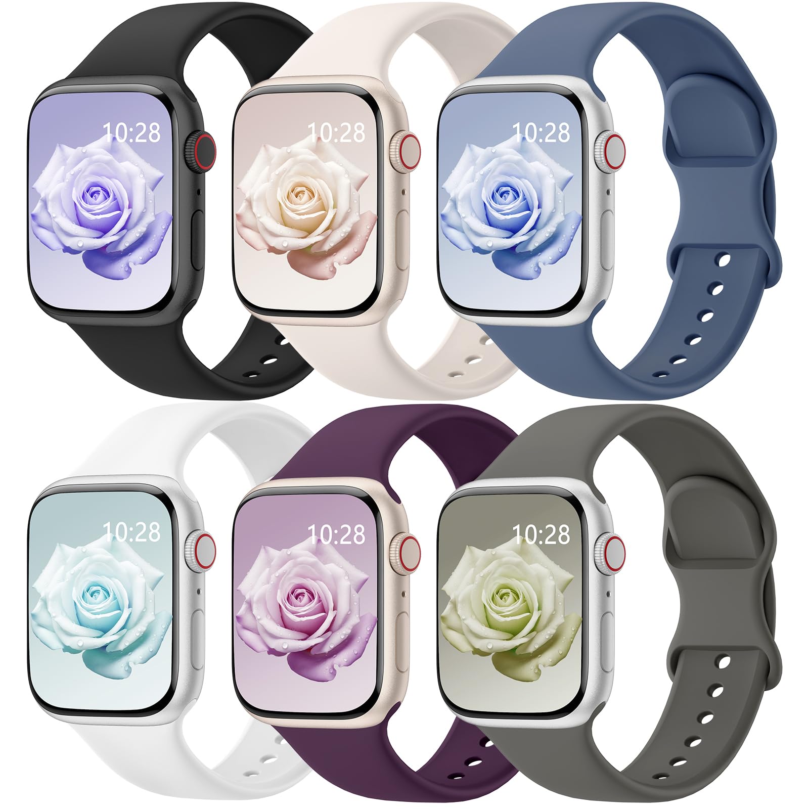 Patenting 6 Pack Sport Bands Compatible with Apple Watch Bands for Women Men 44mm/45mm/46mm/49mm/42mm(Series 3 2 1), Soft Silicone Waterproof Strap for iWatch Series 10 9 Ultra 8 7 6 5 4 3 2 1 SE