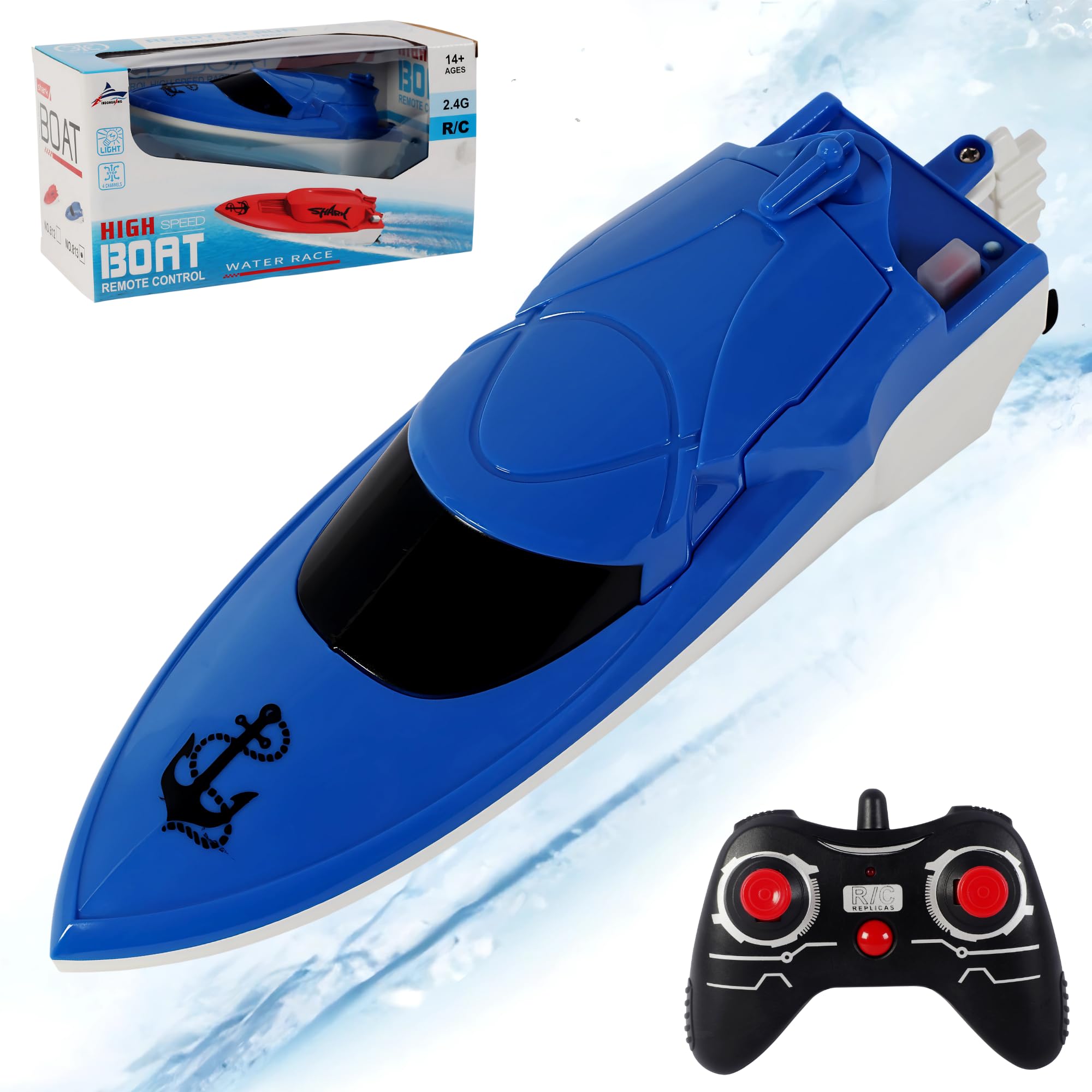 CRYA Long Range Remote Control Boat for Kids, Easy to Handle High-Speed RC Toy Ship with 2.4GHz Double Propeller, Electric Motor Water Toy, Ideal Unisex Gift (Blue)