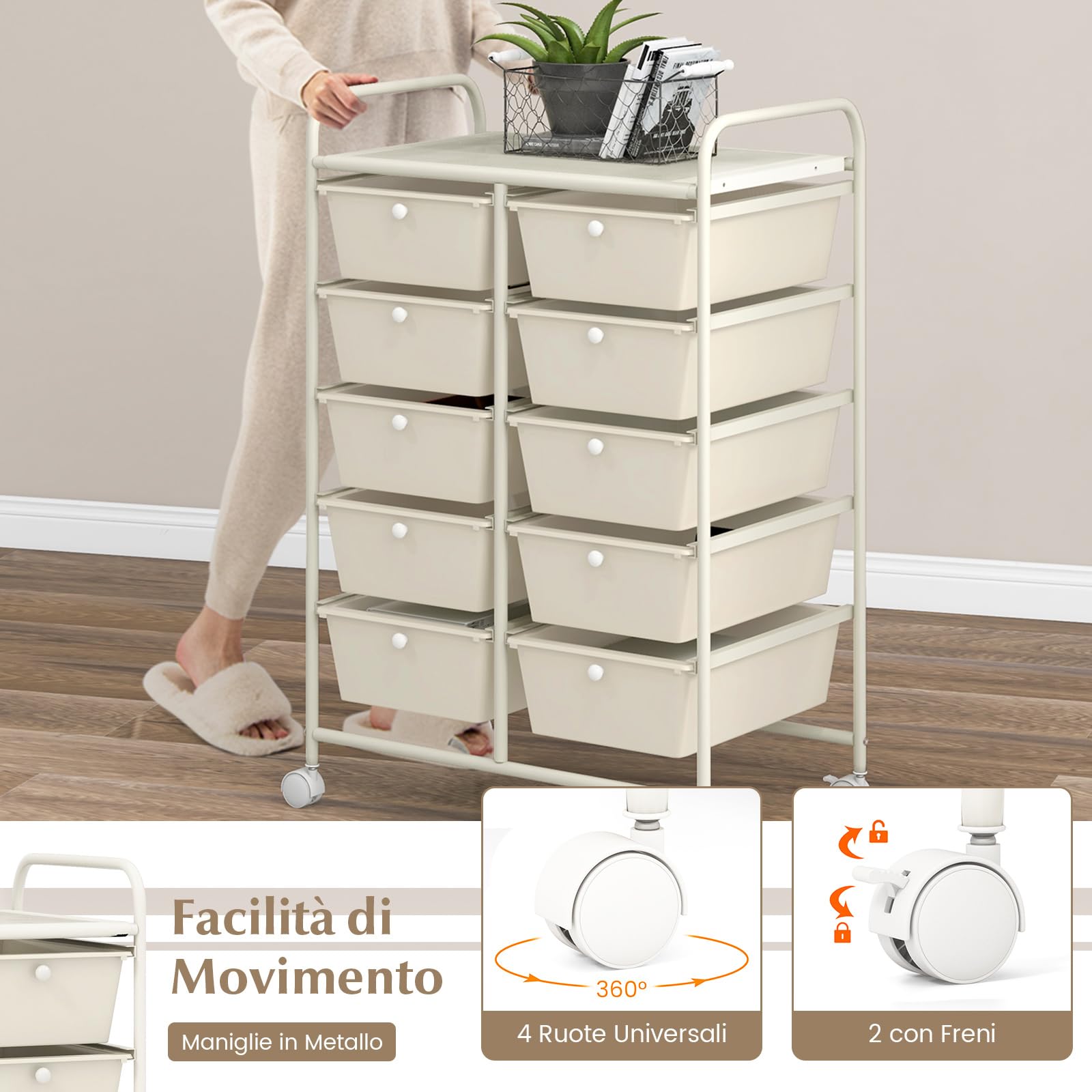 COSTWAY Carrello a 10 Cassetti con Ruote, di Stoccaggio con Stabilità Elevata, Multiuso per Casa Ufficio e Scuola, 65,5 x 37 x 87 cm (Bianco)