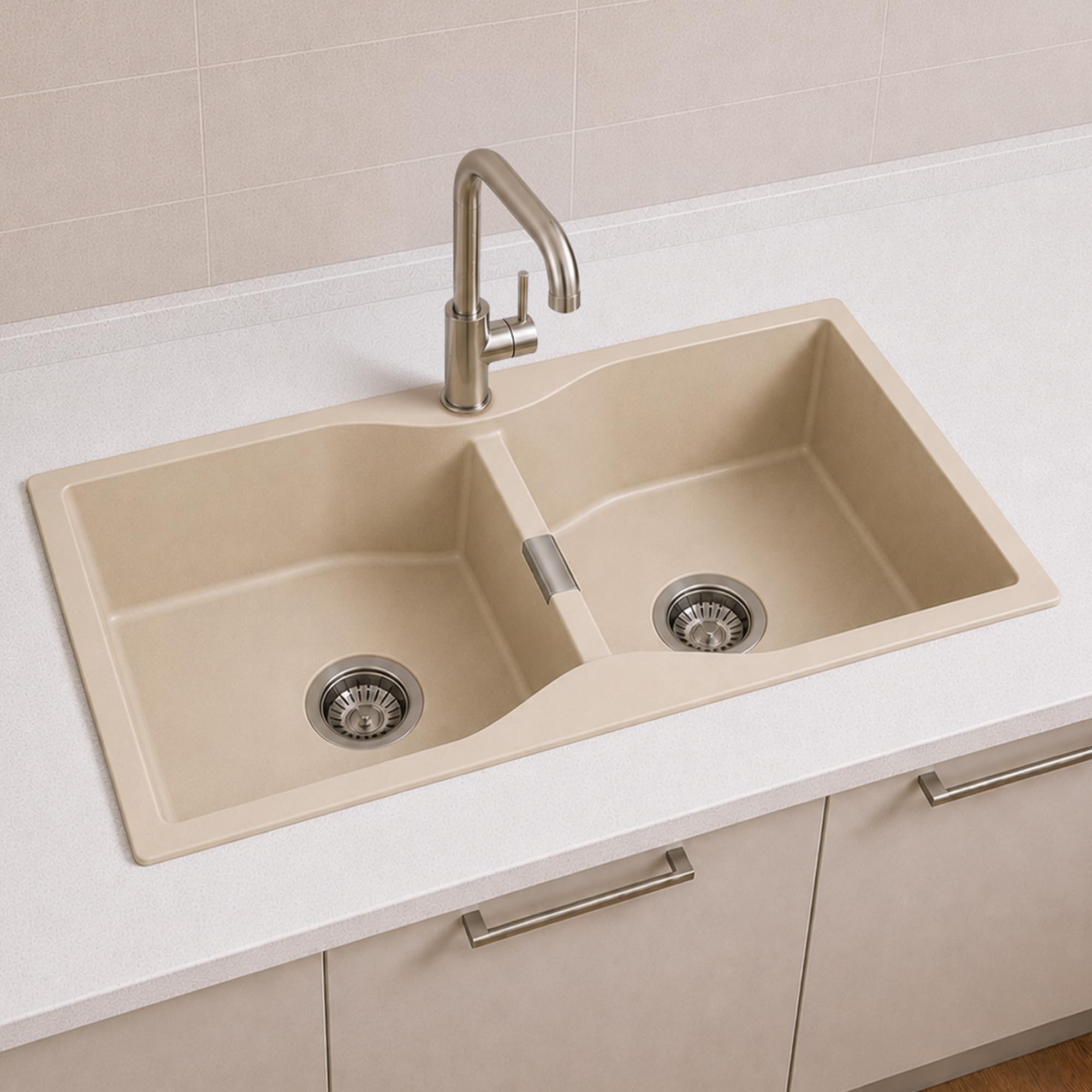 Carissa By Carysil™ Quariza DB Quartz Kitchen Sink 36 x 20 x 8 inches, Double Bowl Granite Sink with 80% Quartz & 20% Resin, Heat Resistant 300°C, 50kg Load Bearing, Stain Resistant - Off White-image-16
