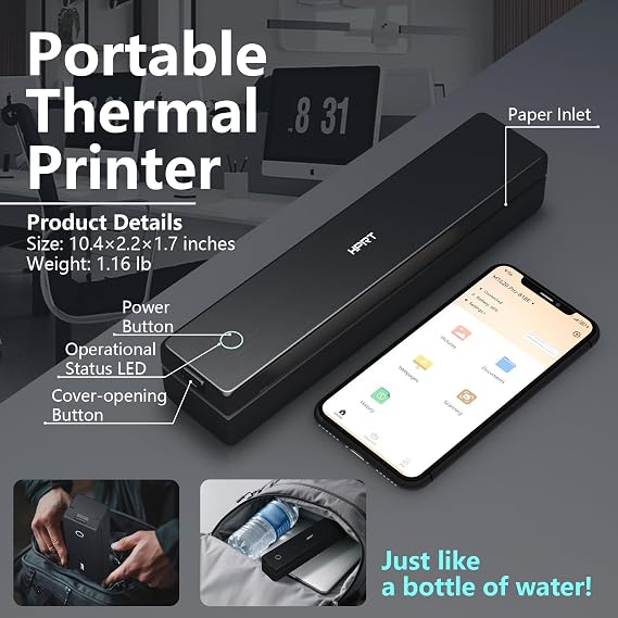 HPRT Portable Thermal Printer-Inkless Printer, Supports Thermal Paper&Labels, Multi-User Bluetooth, Compatible with iOS/Android/Laptop for Home/School/Travel,MT620 Pro Black-300dpi+10sheets