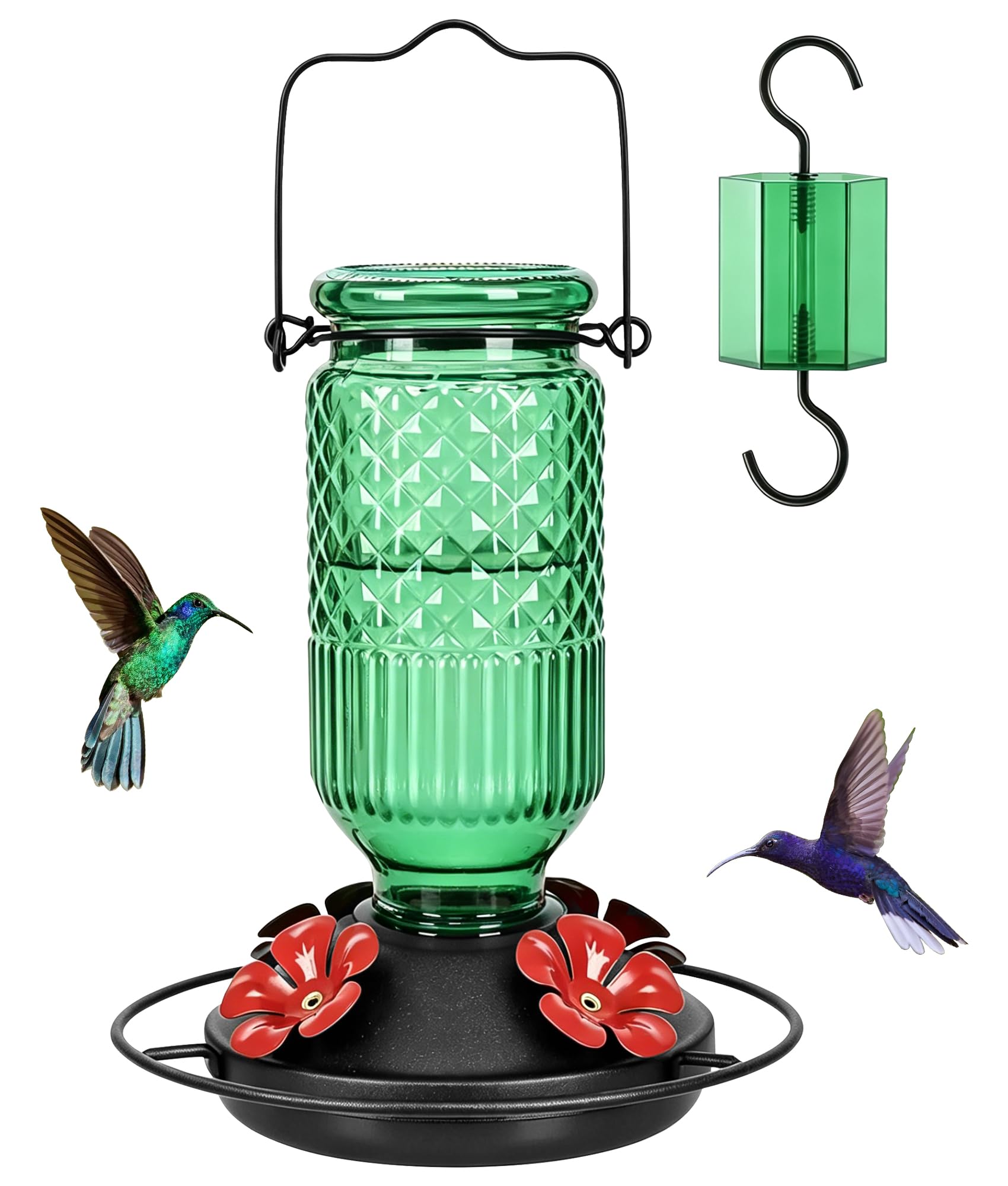 FEED GARDEN Glass Hummingbird Feeder, 16oz Outdoor Hanging Bird Feeder with Ant Moat, 4 Bee-Proof Feeding Ports, 360° Perch, Leak-Proof, Green