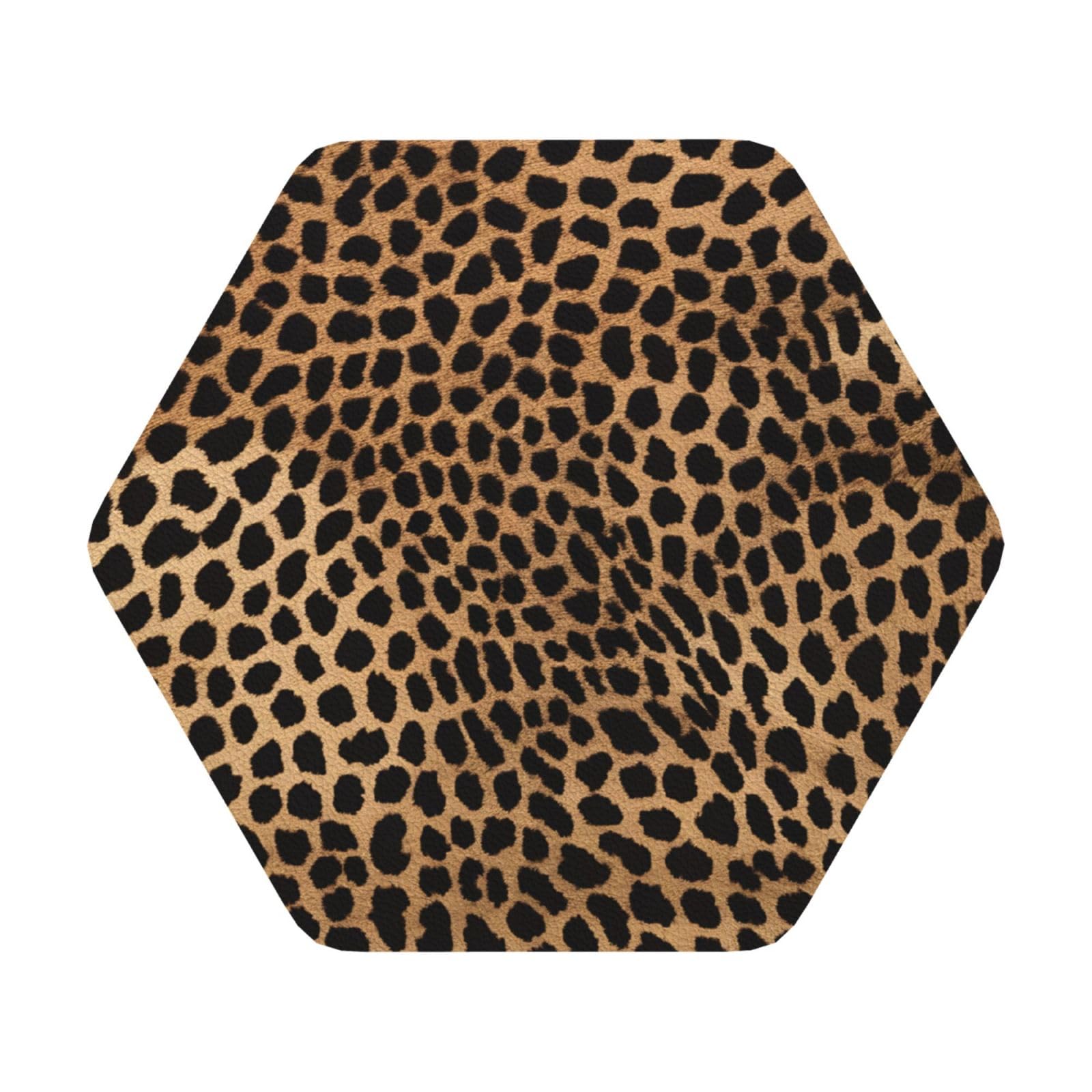 (Leopard Print) Leather Coaster Set Of 6 Premium Hexagon Drink Coasters For Home Office Restaurant Bar