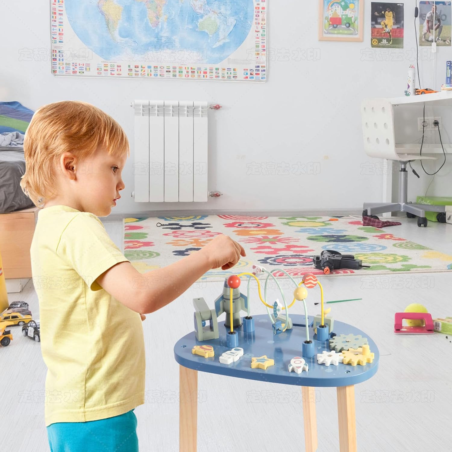 Asweets 6 in 1 Montessori Wooden Activity Table, Multicolor Universe Themed Table for Kids with Bead Maze & Rocket Stack, Best Gifts for Girls & Boys, 15.35’’L x 11.02’’W x 18.11’’H