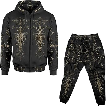 Viking Hoodie and Jogger Pants Set, Zip Up Tracksuit with Norse Runes, 2-Piece Outfit for Men