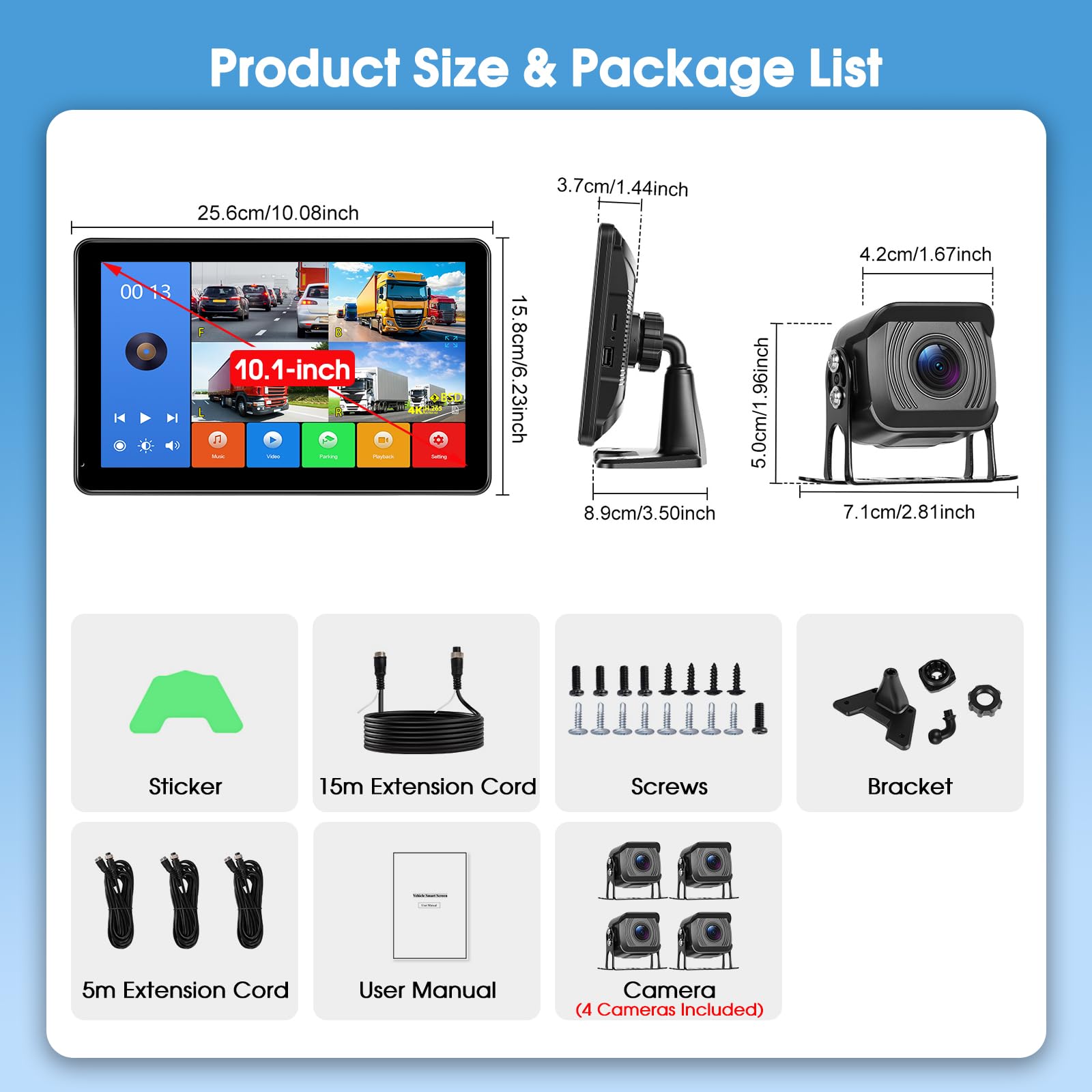 10.1'' Caméra De Recul Câblée Écran Tactile IP68 Imperméable avec Moniteur, Supporte L'enregistrement en Boucle 4K, BSD, Carte SD 256 Go, DC 6.5V-36V