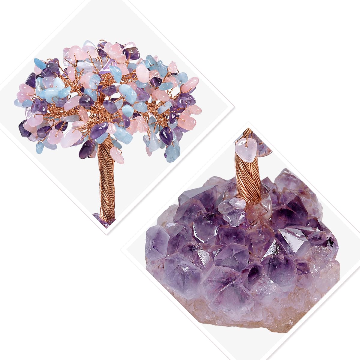 Nupuyai Cuarzo Rosa y Amatista y Aguamarina Árbol de la Vida de Piedra en Base de Geoda Natural, Feng Shui Árbol de Cristal Hecho a Mano para Decoración Interior y Reiki Chakra