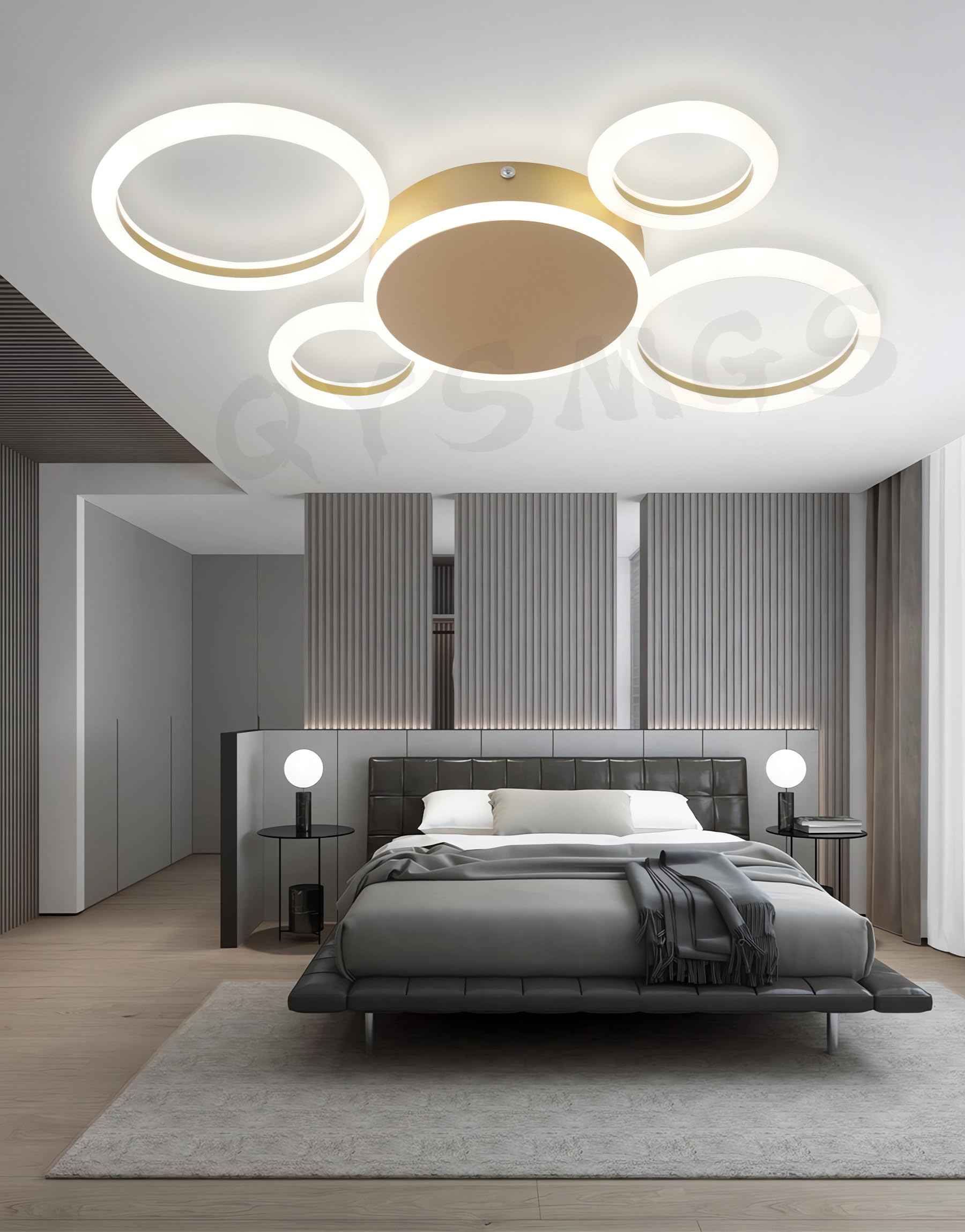 Moderne LED-Deckenleuchte, Dimmbare mit Fernbedienung Deckenlampe, Rundes Ring Design aus Acryl Bündige Montage Deckenbeleuchtung, für Wohnzimmer Schlafzimmer Esszimmer Küche (Gold,5Ringe)