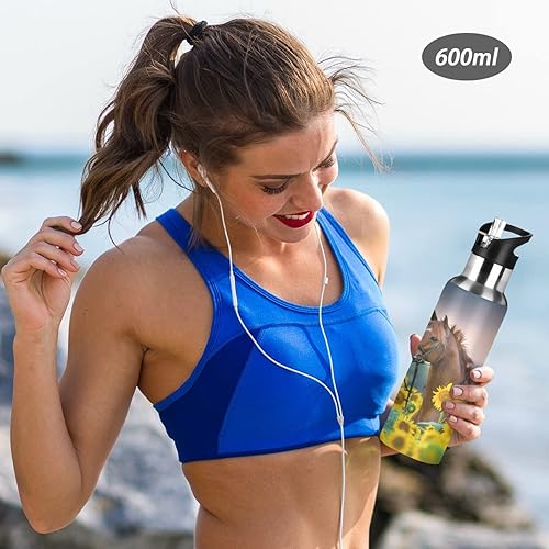 Miniatura 6 de ALAZA Botella de agua con diseño de girasoles de caballo con tapa de pajilla, aislada al vacío, de acero inoxidable, termo botella de agua de 20
