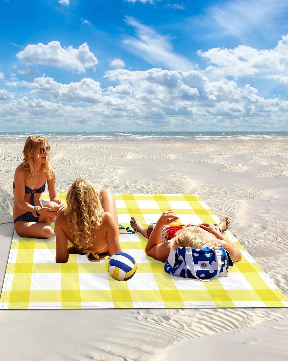 Farmhouse Yellow White Buffalo Lattice Beach Blanket Waterproof Sandproof Outdoor Picnic Mat 108"x84" Rural Farm Lightweight Large Beaach Blankets with 4 Stake & 4 Corner Pockets