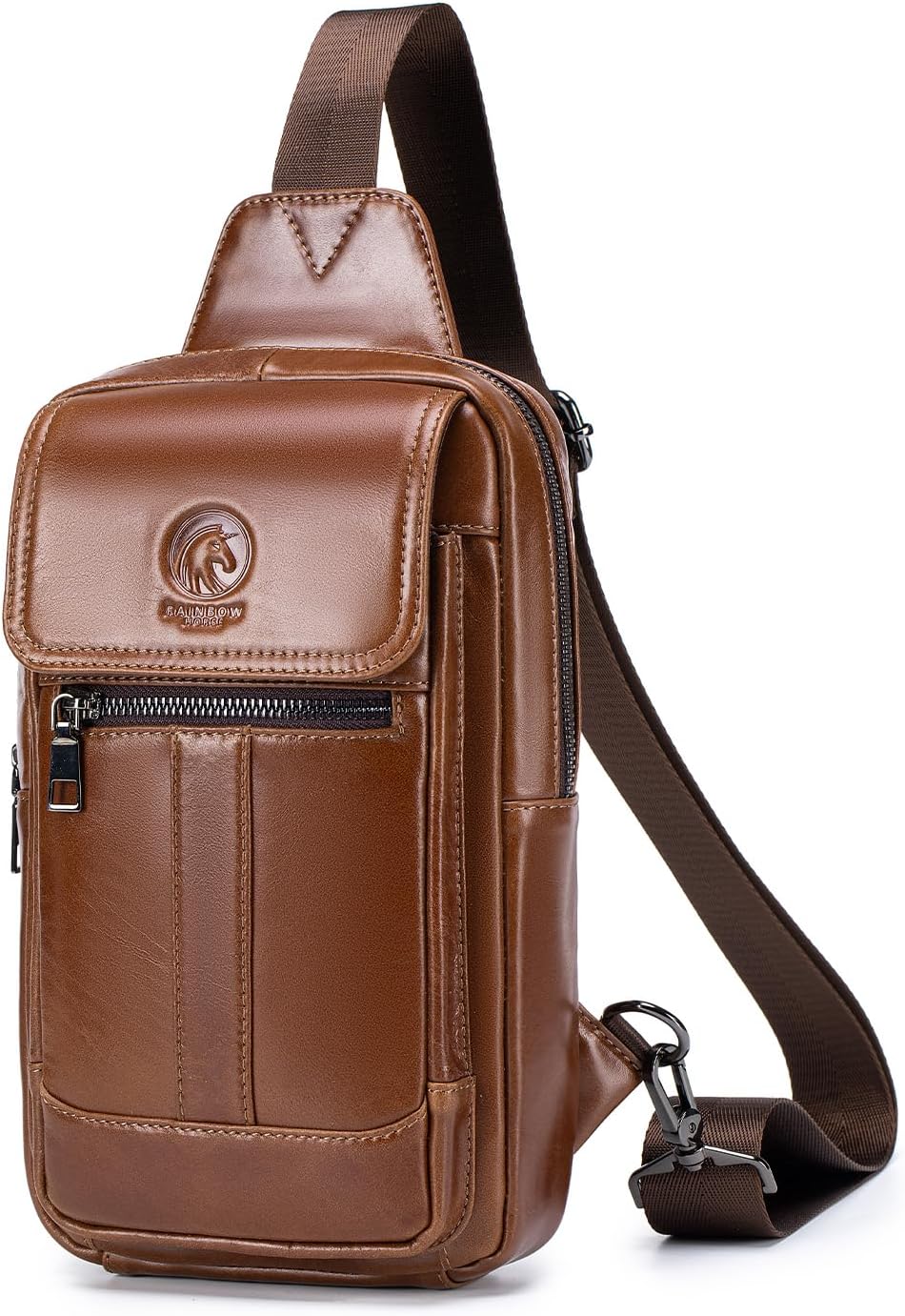 RAINBOW HORSE Brown Leather Chest Bag - Men's Genuine Leather Shoulder Pouch with Dual Front Pockets, Stylish Crossbody Sling for Travel & Work