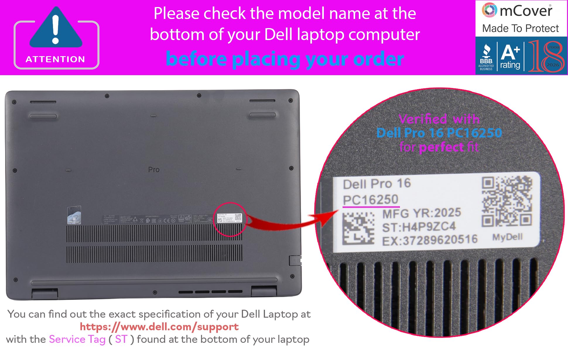mCover Funda solo compatible con laptop Dell Pro 16 PC16250 / PC16255 Series Windows 2025-2026 de 16 pulgadas (no es compatible con ningún otro modelo Dell), color negro