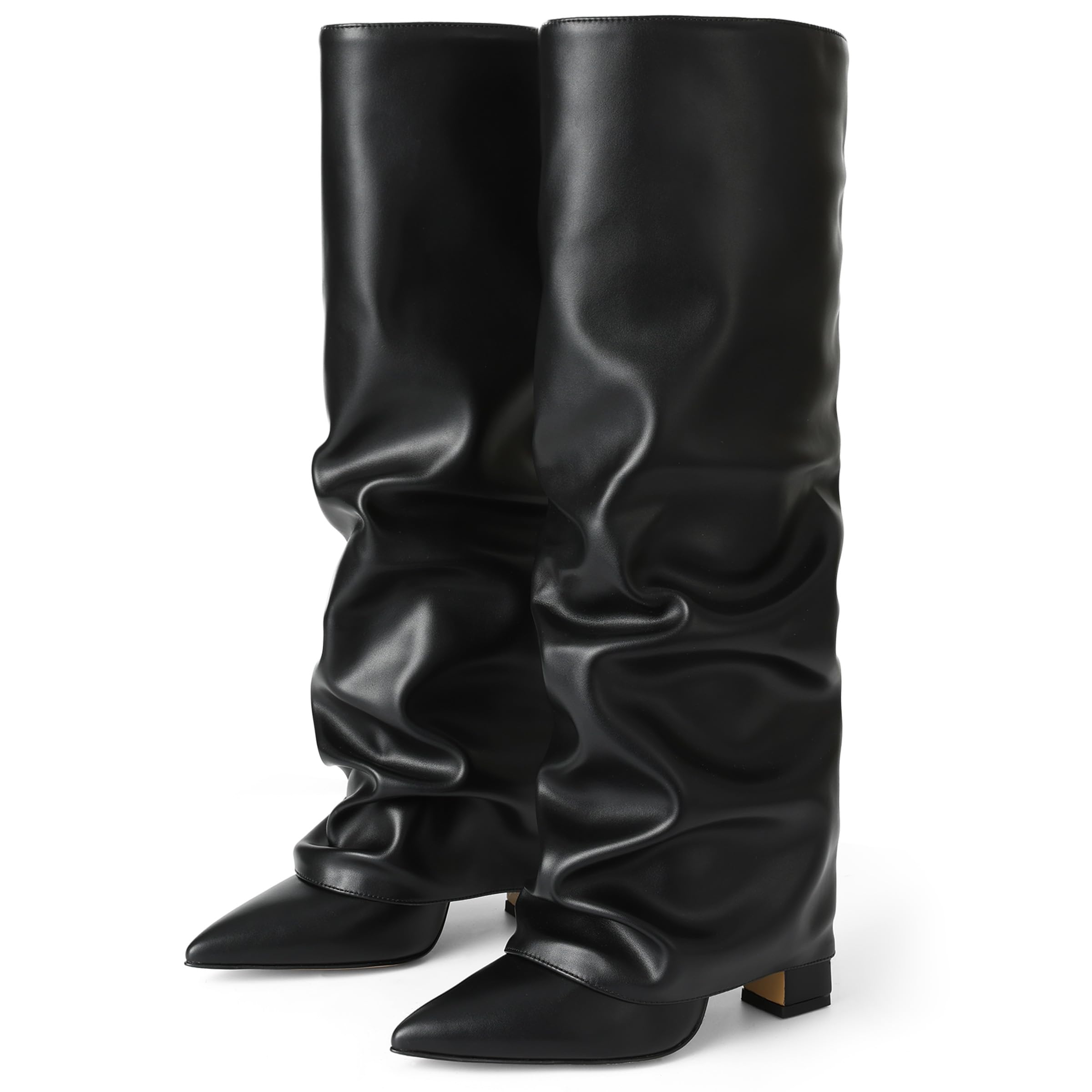 Synchoiss Womens Knee High Boots Wide Calf Chunky High Heel Boots Fashion Fold Over Boot Pointed Toe Winter Fall Tall Boots for Women Pull on Trendy