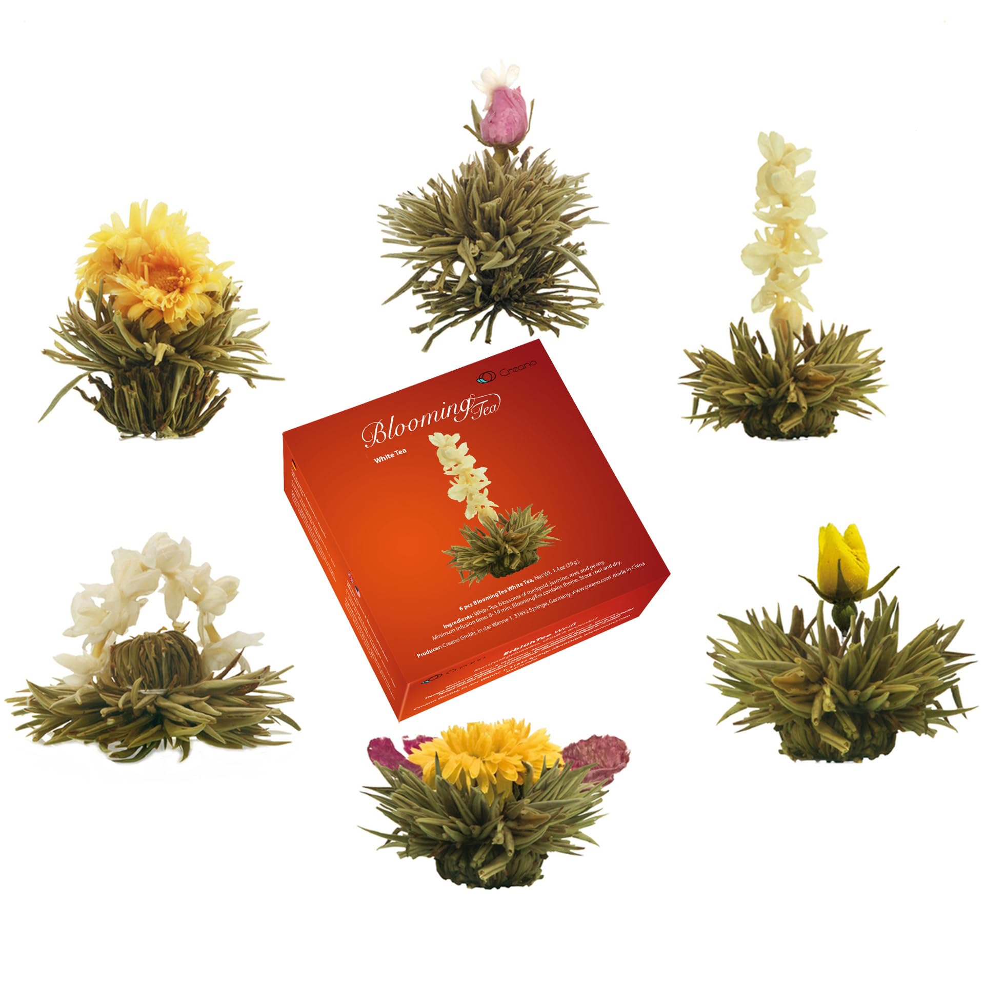 Creano Teeblumen Geschenkset - Erblühtee mit 500ml Glaskanne & 6x Weißer Tee + Teelini Grüntee Bonuskugel - 8 teilig