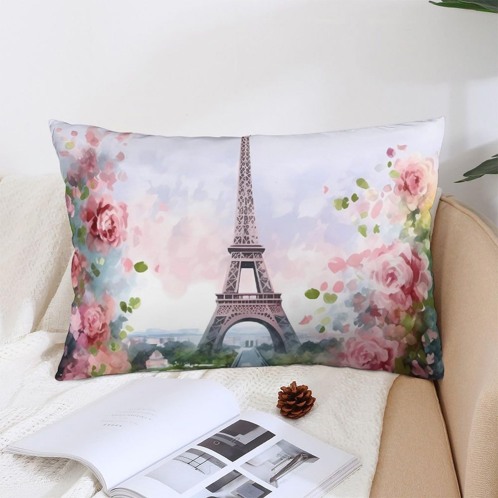 NTVOWPZO Decoration Throw Pillow Covers 12 "x20 Pillowcases Covers Paris Eiffel Tower with Flowers Soft Pillowcases Modern Farmhouse Home Decor Sofa Cushions Covers for Couch Bed Living Room