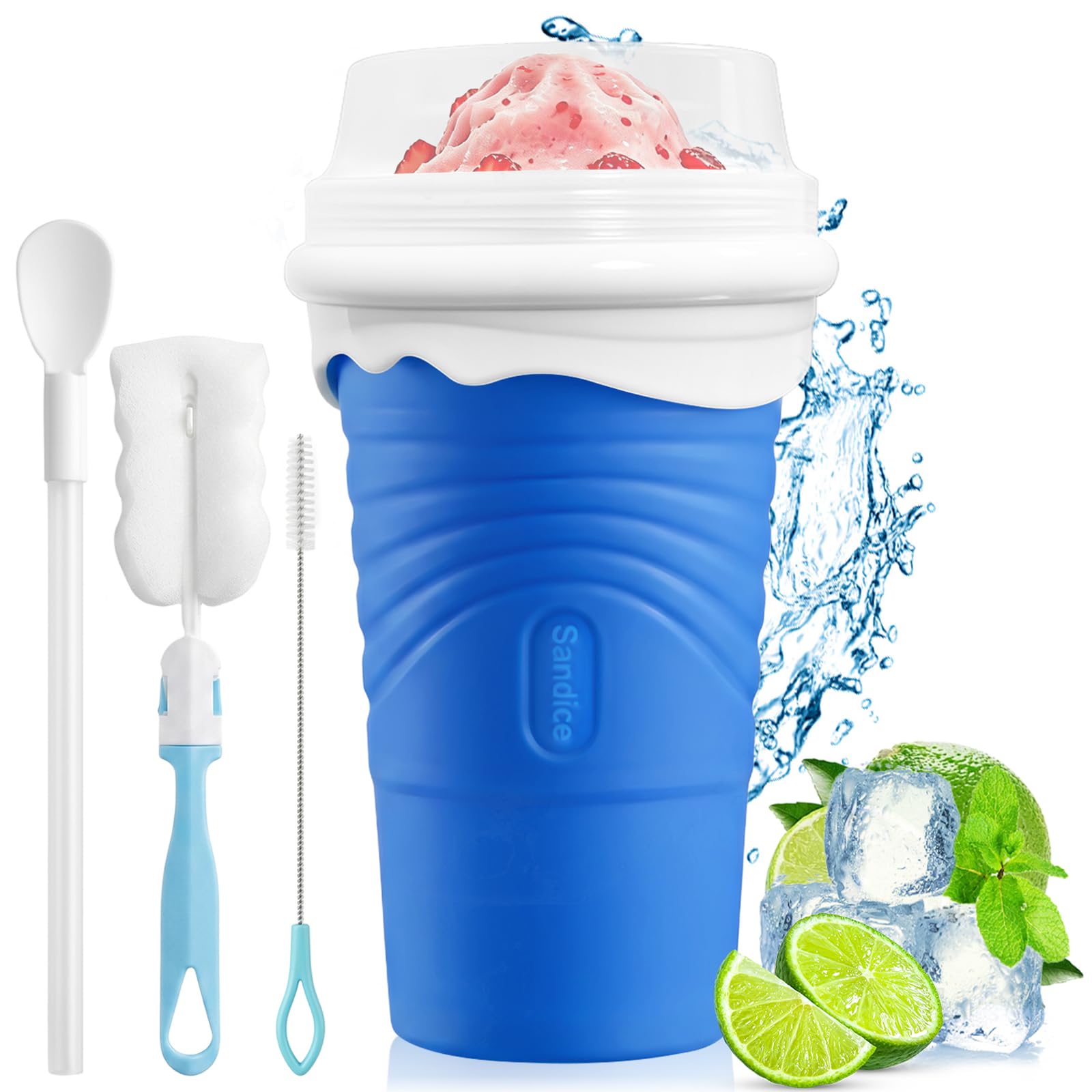 Slushy Maker in Silicone da 500 ml, Tazza per Slush e Granita e Smoothie Fatto in Casa, Con Cucchiaio-Cannuccia 2 in 1 e Spazzola per Pulizia, Riutilizzabile, per Casa, Picnic e Campeggio (Blu)