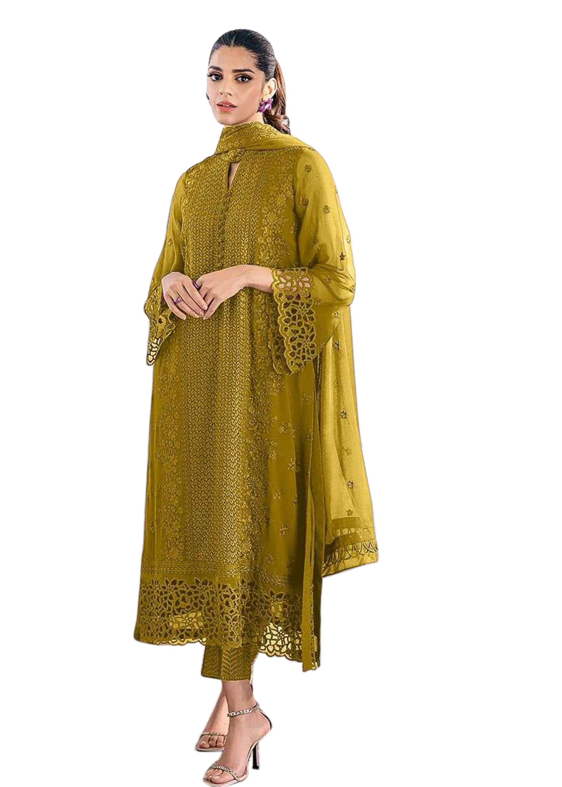 UdayArtwomen's faux georgette with soft silk semi stitched embroidery and sequnece work multi color designer pakistani salwar suit
