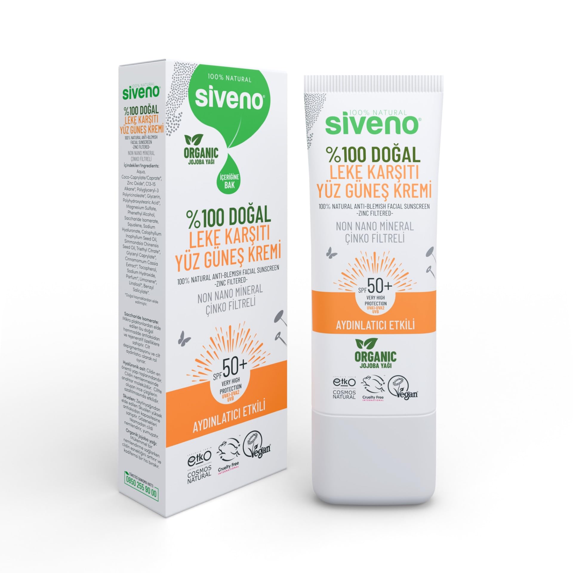 Siveno%100 Doğal Yüz Güneş Kremi Leke Karşıtı Aydınlatıcı Mineral Filtre UVA UVB SPF 50+ 30 ml