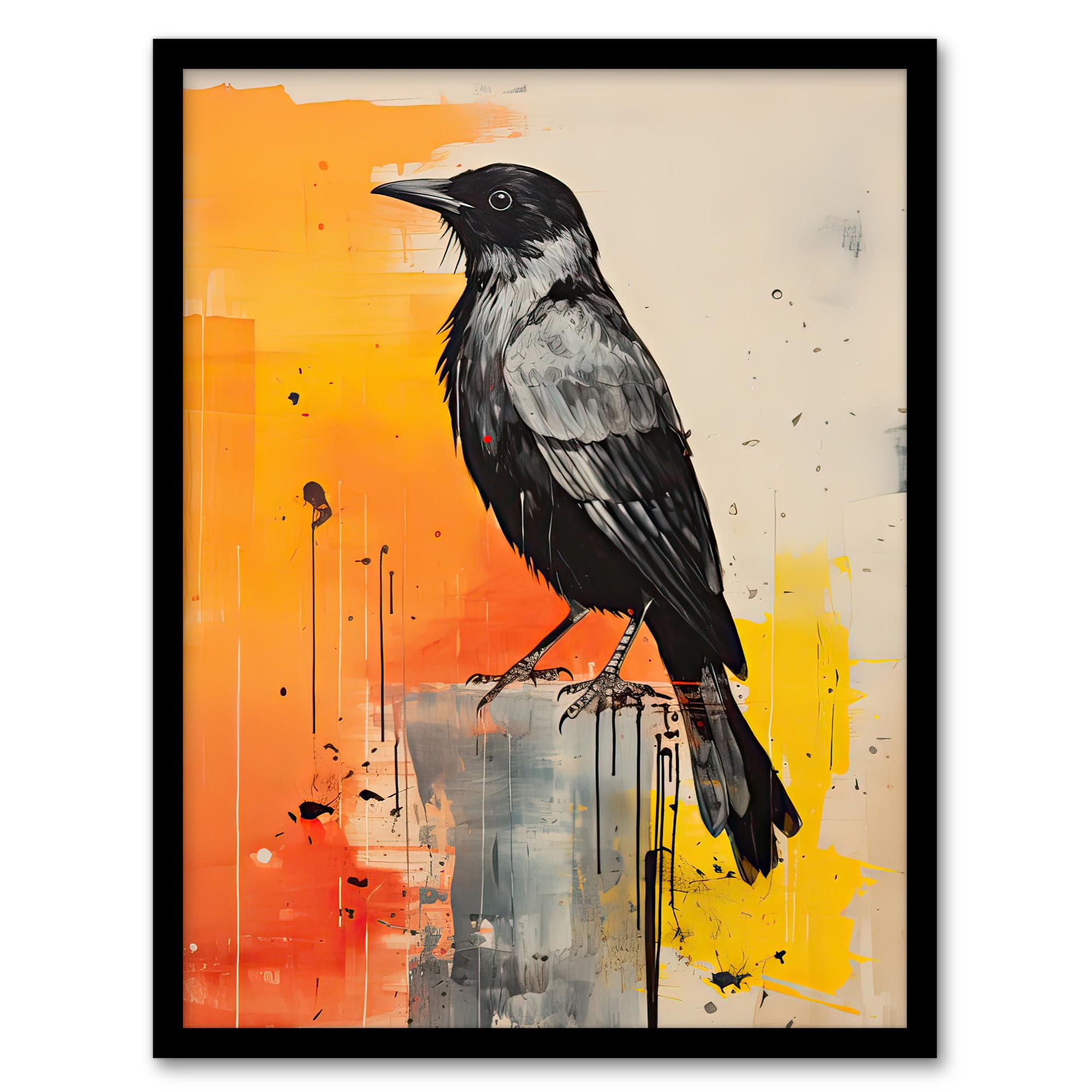 The Enigmatic Crow Bird Portrait Grey and Orange Wall Art Poster Print Picture