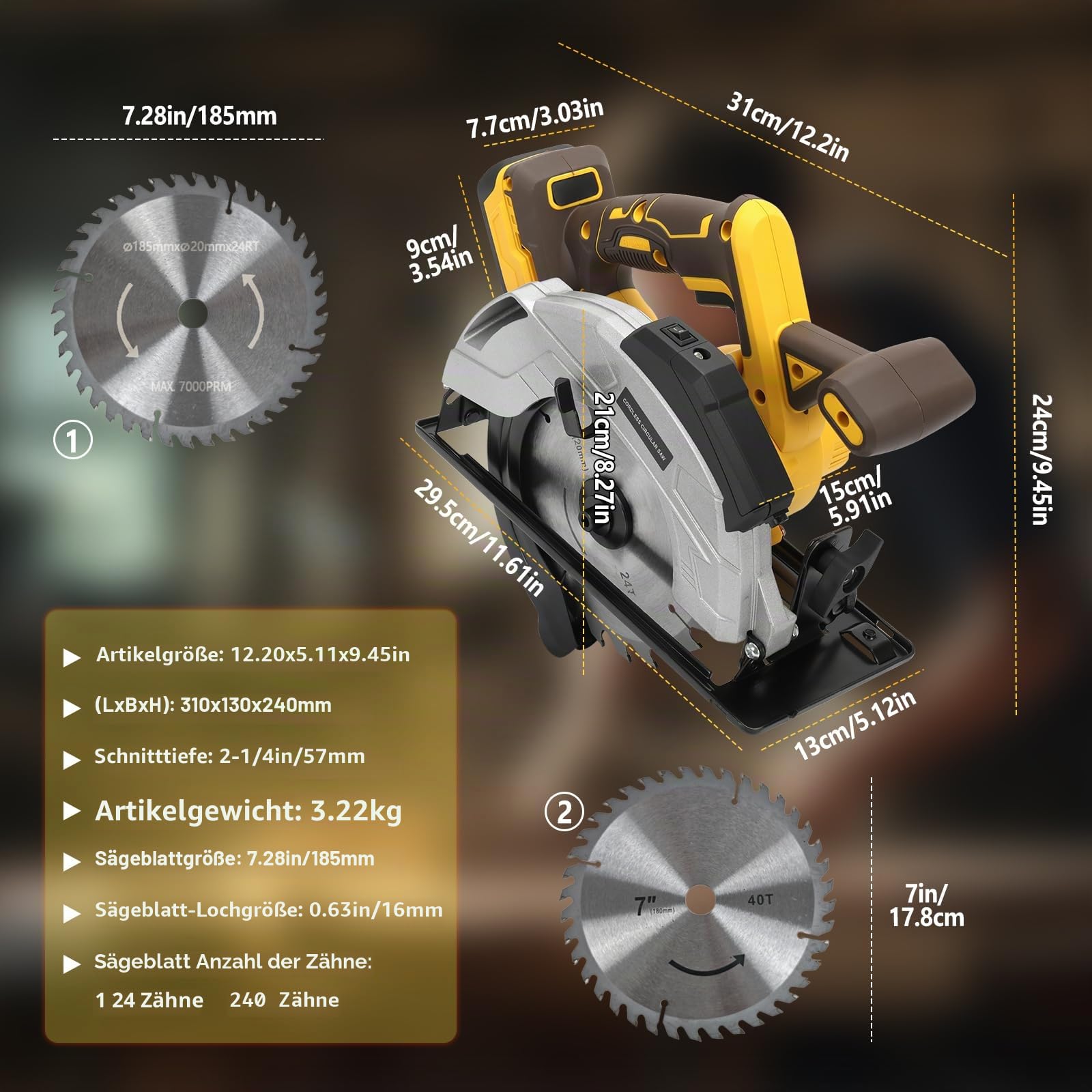 Kabellose Kreissäge kompatibel mit Dewalt 18/20 V Akku, elektrische Kreissäge mit 2 Klingen, 5000 U/min, Fasen 0-45°, zum Schneiden von Holz, Fliesen, Metall, Kunststoff