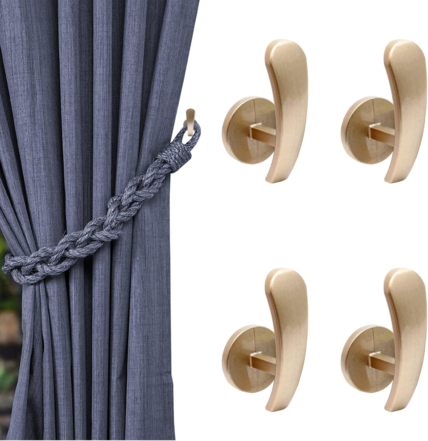 Rierdge 4 Pack Brass Gold Curtain Tieback Hooks, Curtain