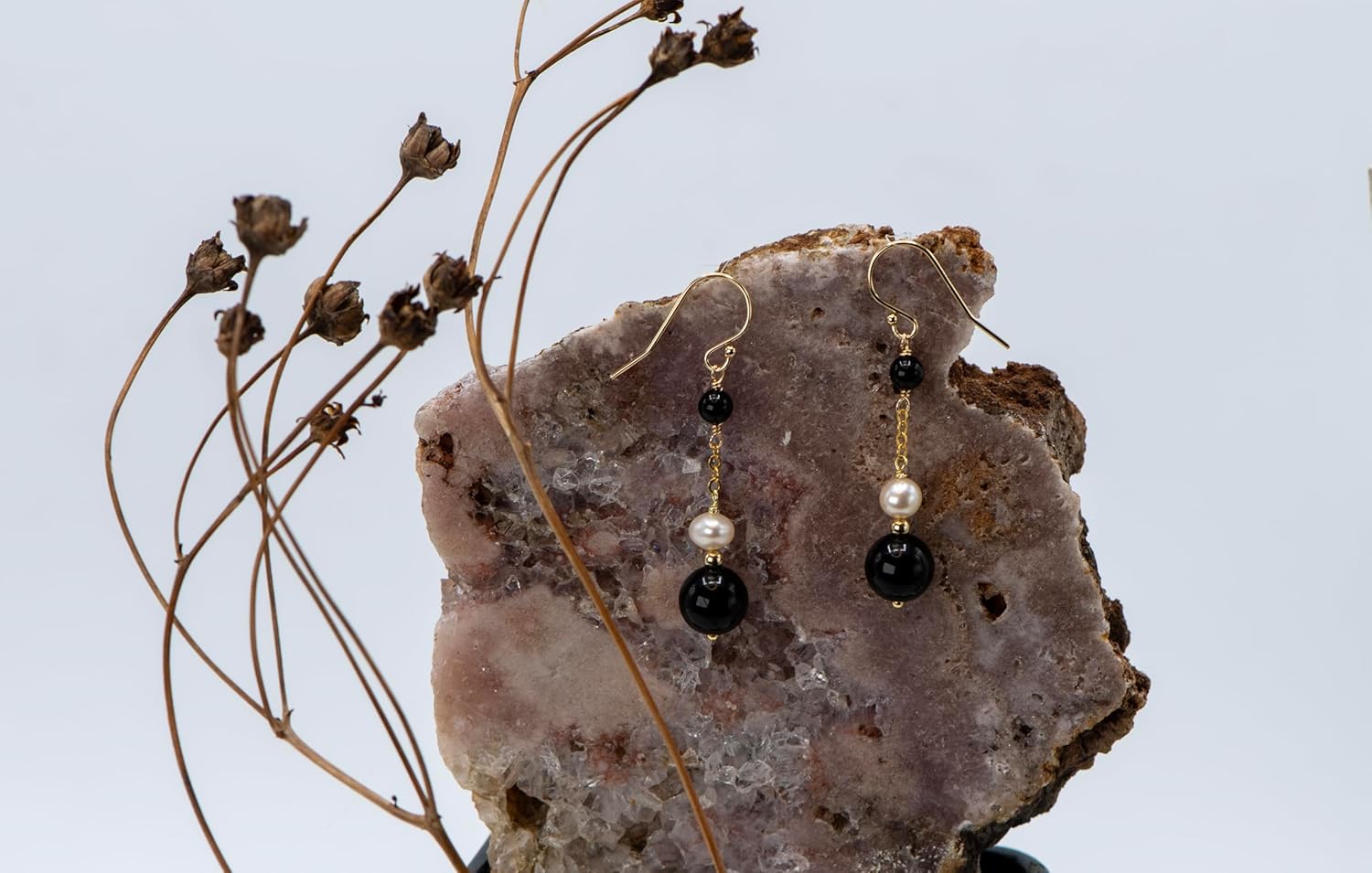 LTC Designs 14k Gold-filled Fishhook Earrings made with Black Onyx and White Cultured Freshwater (5.5-6mm) Potato Pearl Drops for Women