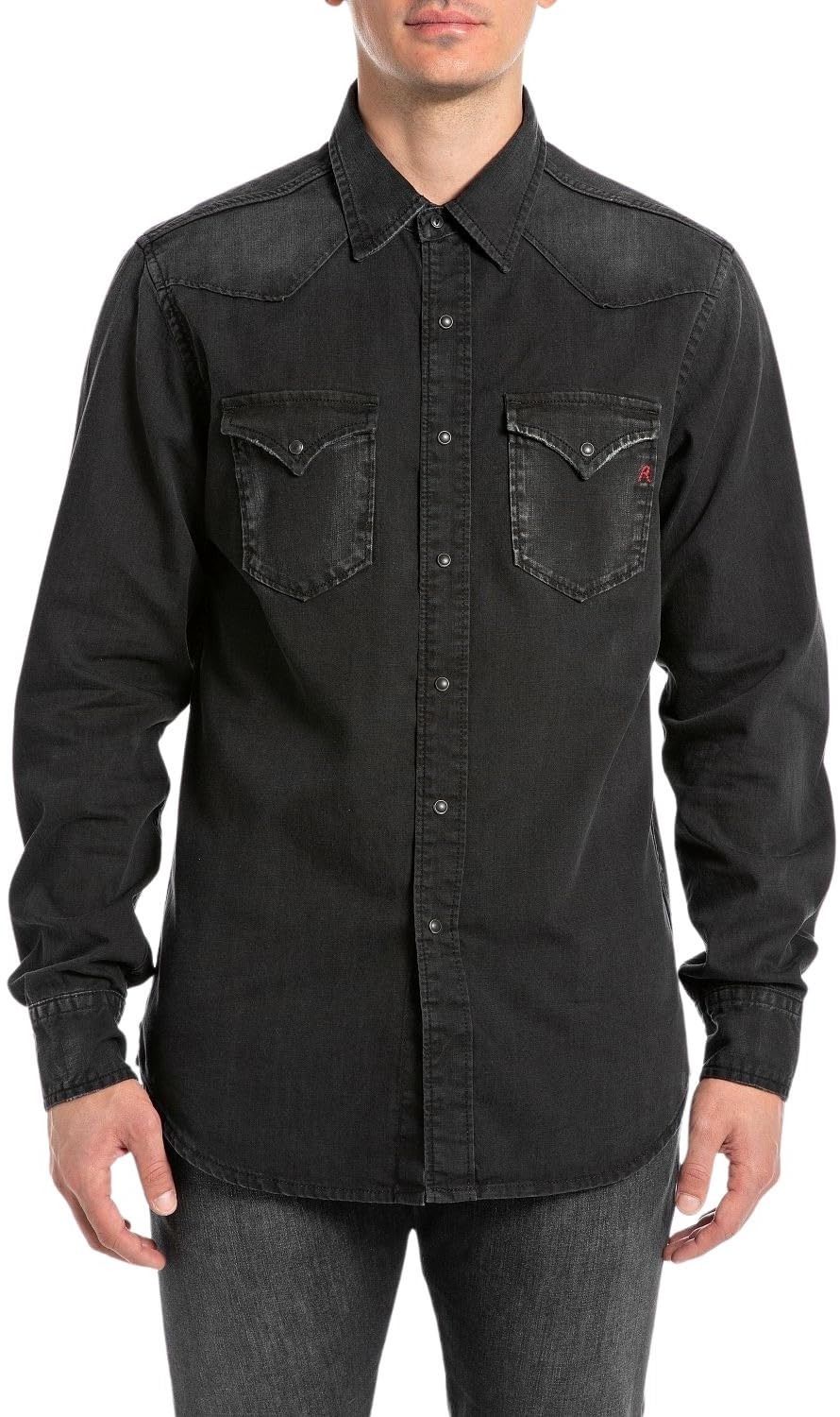 Replay Men's Regular Fit Denim Shirt, 099 Black Delavè, L