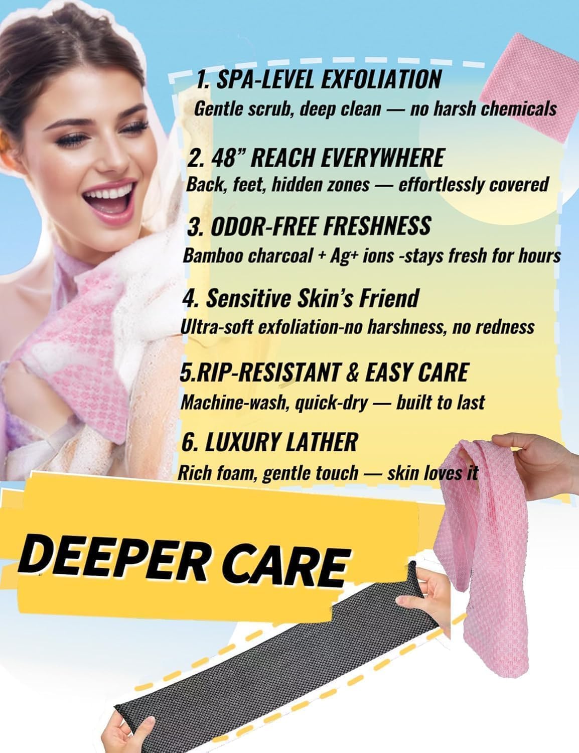 Blissal Exfoliating Shower Towel 48",Premium Scrub Wash Cloth for Body Face, Exfoliating Washcloth for Men and Woman (Blue)
