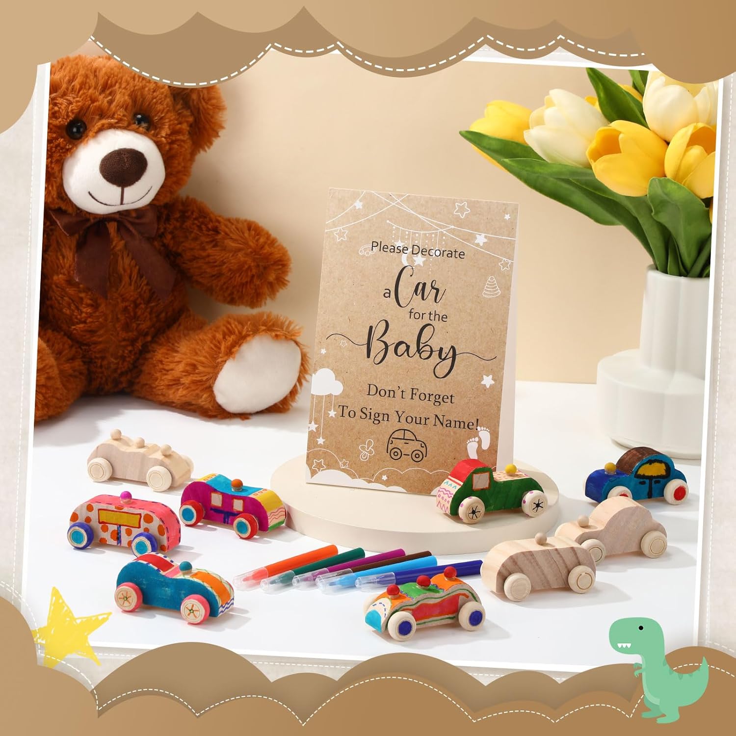 WinnerWhy Baby Shower Game Sign Kit Includes 32 Unfinished Wooden Car Blocks, 12 Markers, and a Prize Decoration Sign for Baby Shower(Kraft)