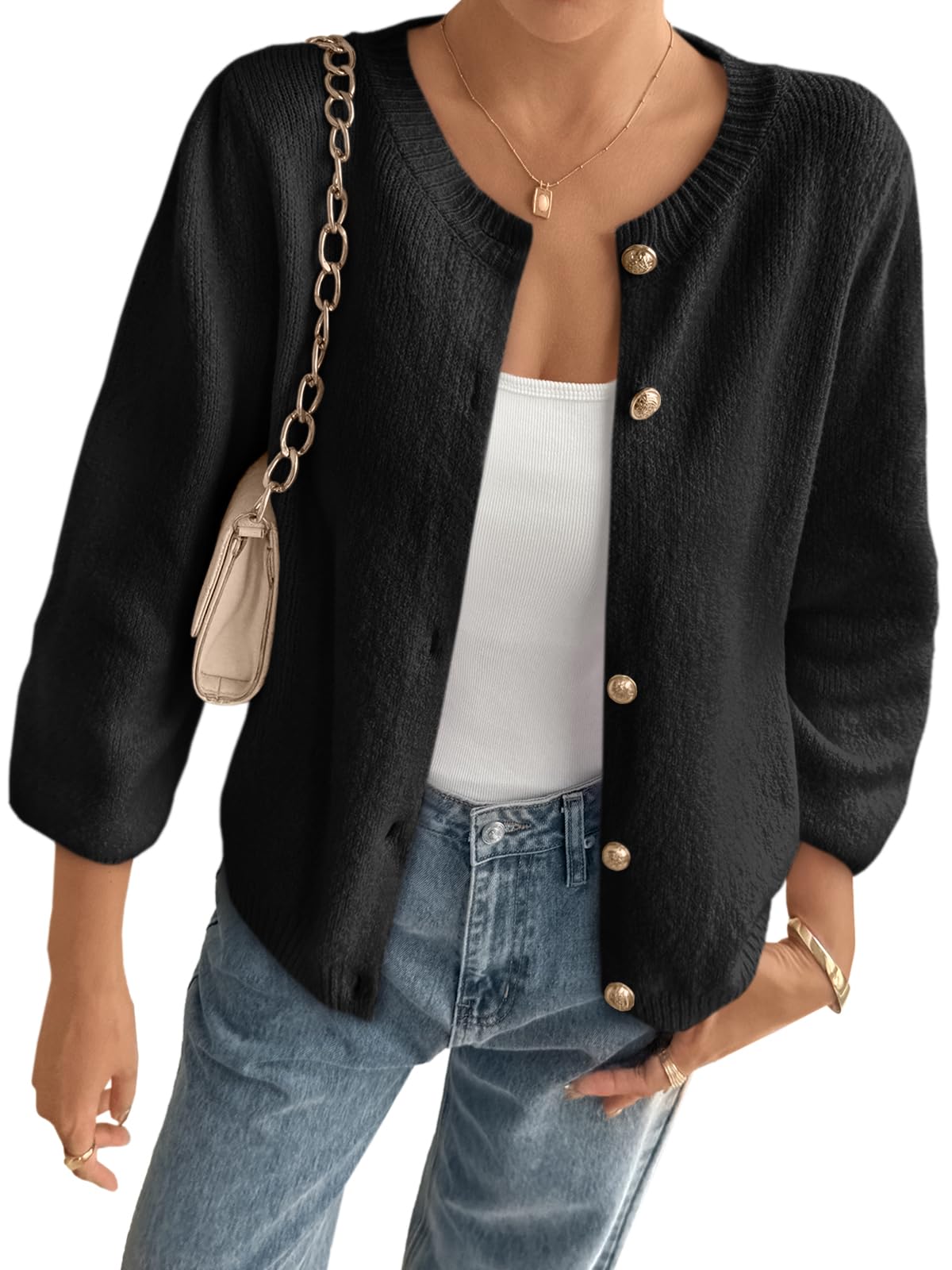 Cicy Bell Womens 3 4 Puff Sleeve Cardigan Sweater Fall Trendy Casual Button Up Loose Fit Cropped Knit