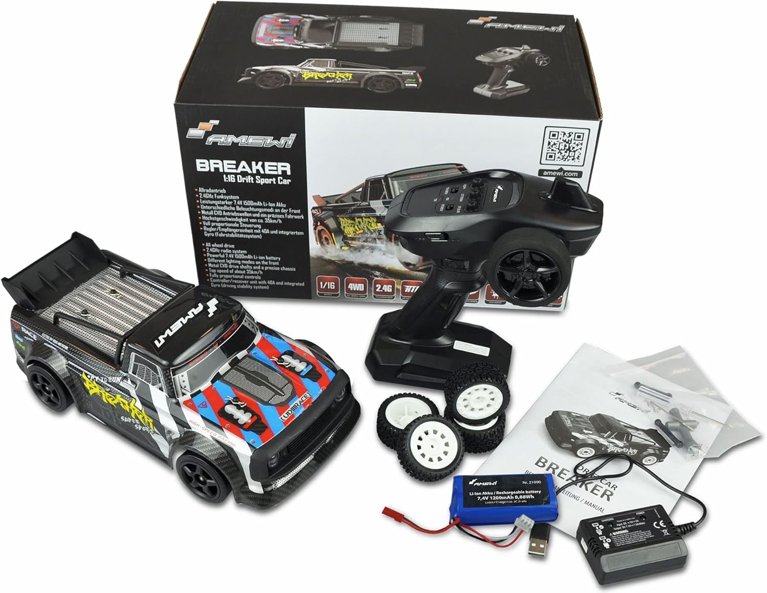 Amewi Sport Car Breaker Pro package contents including RC car, remote, battery, charger, and extra tires.