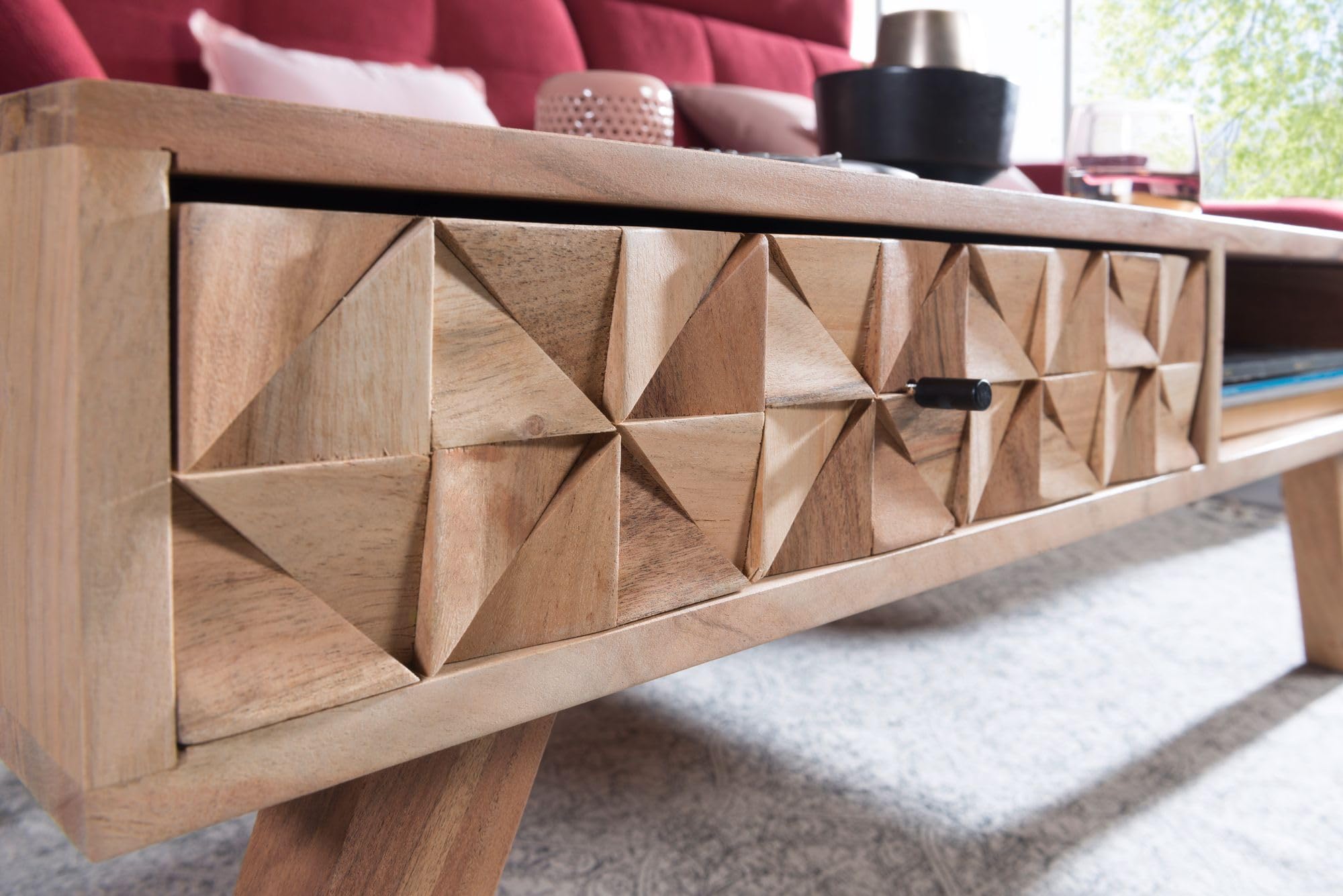 FineBuy Couchtisch 95x50x35 cm Akazie Massivholz mit Schublade | Wohnzimmertisch mit 3D-Front und Ablagefach, Sofatisch im Landhausstil, Echtholz handgefertigt, Unikat