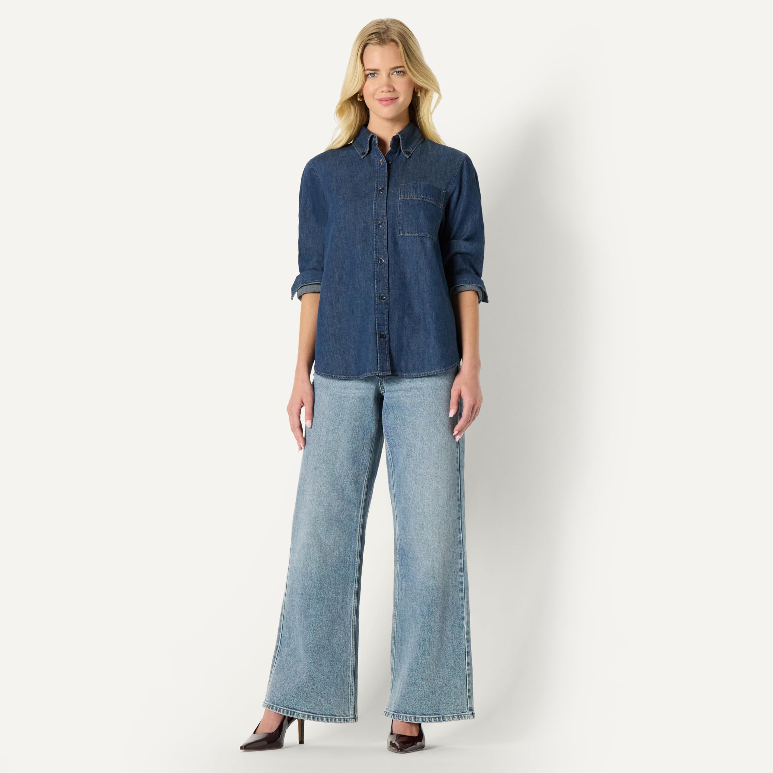 Amazon Essentials Camicia Button Down in Denim, Vestibilità Oversize Donna