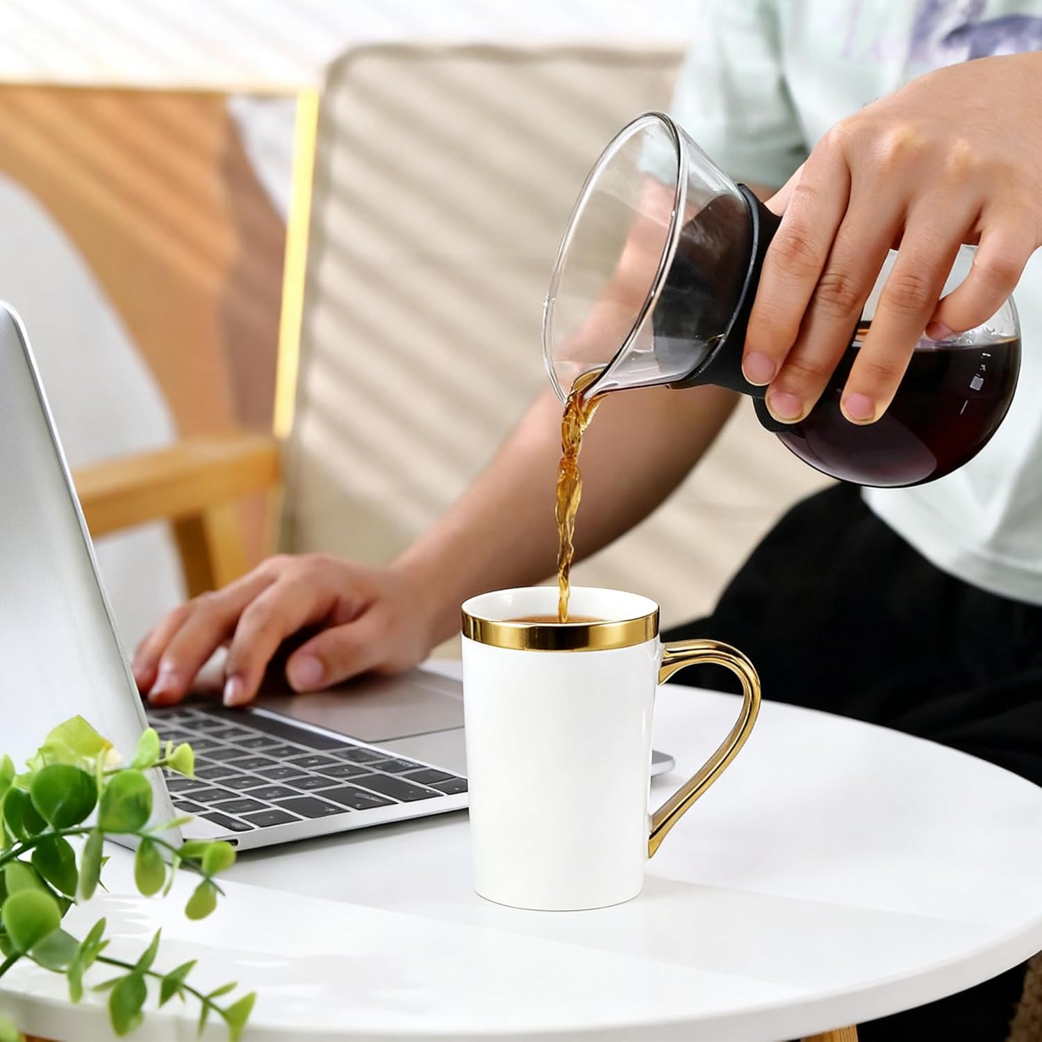 Porcelain Coffee Mugs Set of 6 - White and Gold with Gold Handle, 12 Oz Luxury Cup Set, Dishwasher Safe, Elegant Gift - Image 3