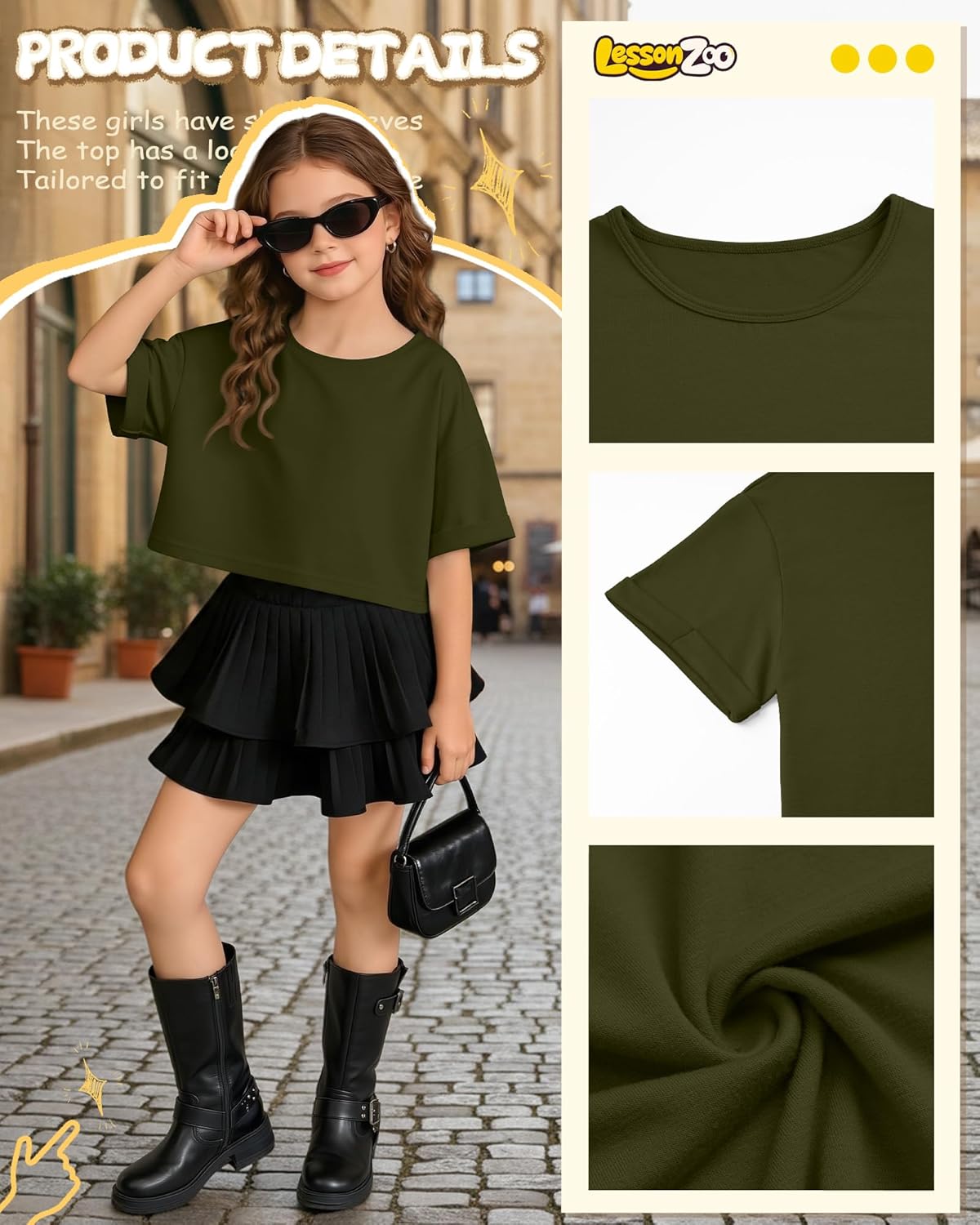 Girls' Short Sleeve Crop Tops Oversized Round Neck Drop Shoulder Rolled Cuffs T Shirts Kids Summer Basic Tees - Image 5